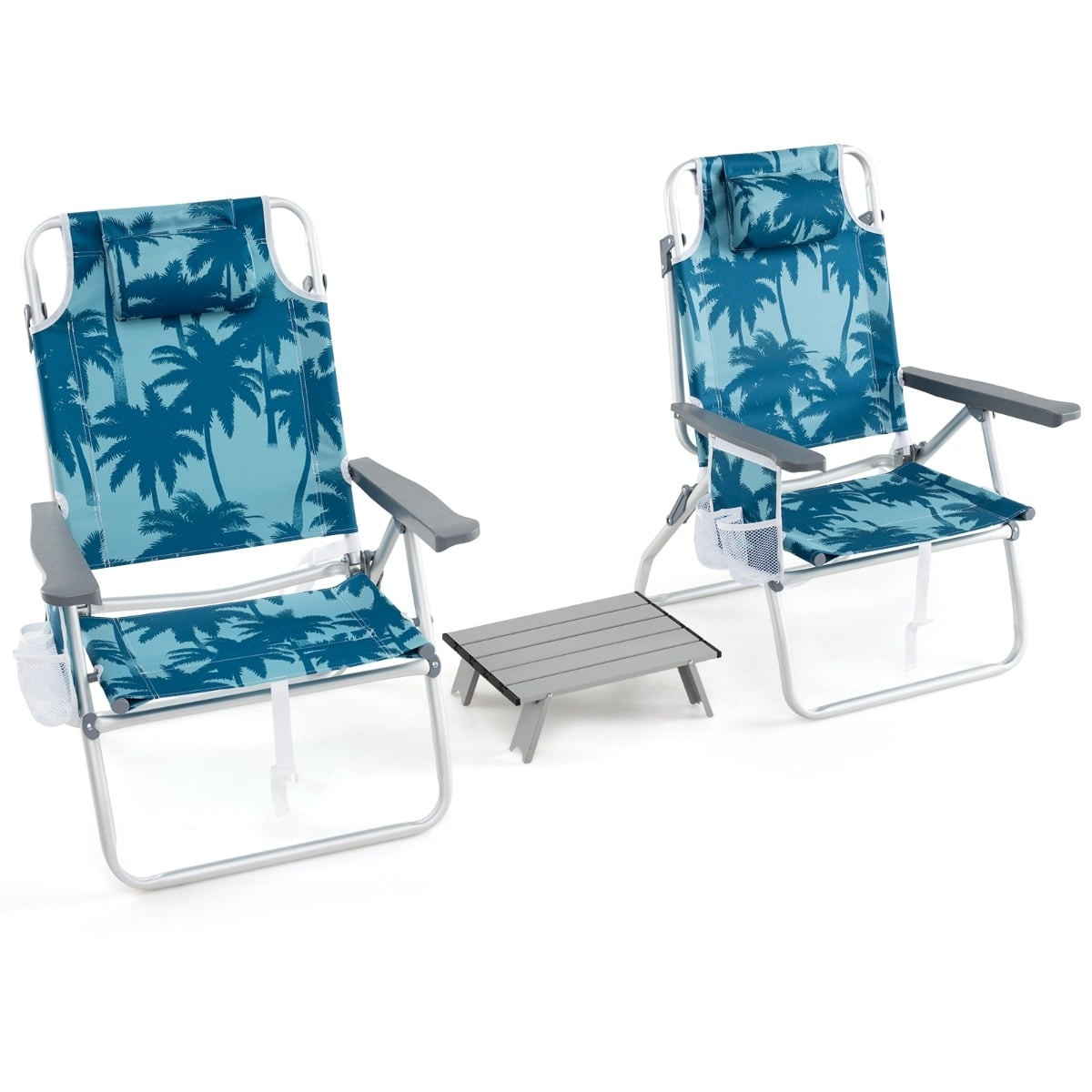 Folding Beach Chairs with Table, Adjustable Backrest, Blue