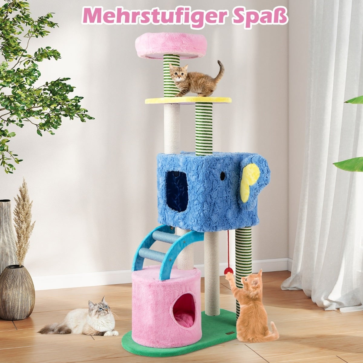 Cat Tree with Elephant Theme, 2 Caves, Padded Perch, Scratching Posts