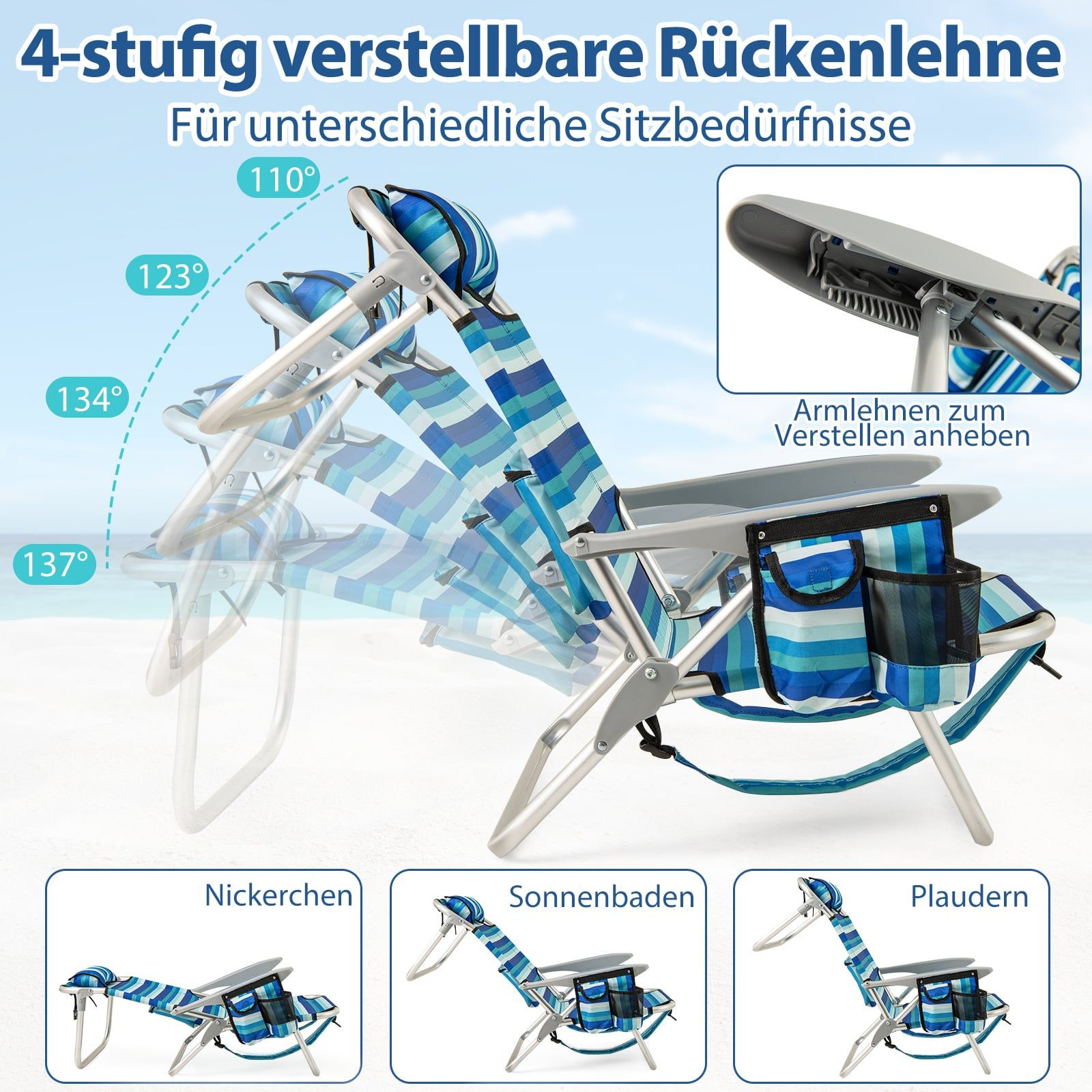 Folding Beach Chair with Adjustable Backrest & Cooler
