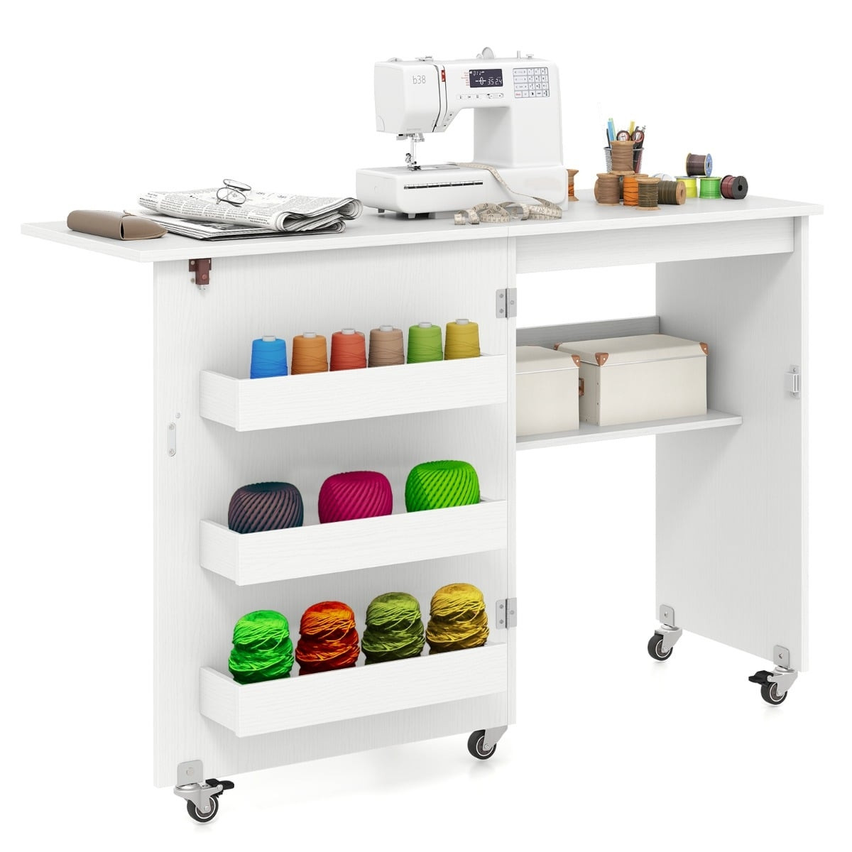 Foldable Sewing Table with Storage, 3 Hidden Compartments