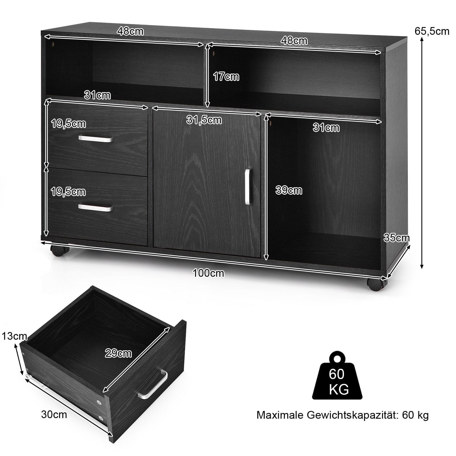 Mobile portadocumenti con 2 cassetti e 3 ripiani, MDF nero
