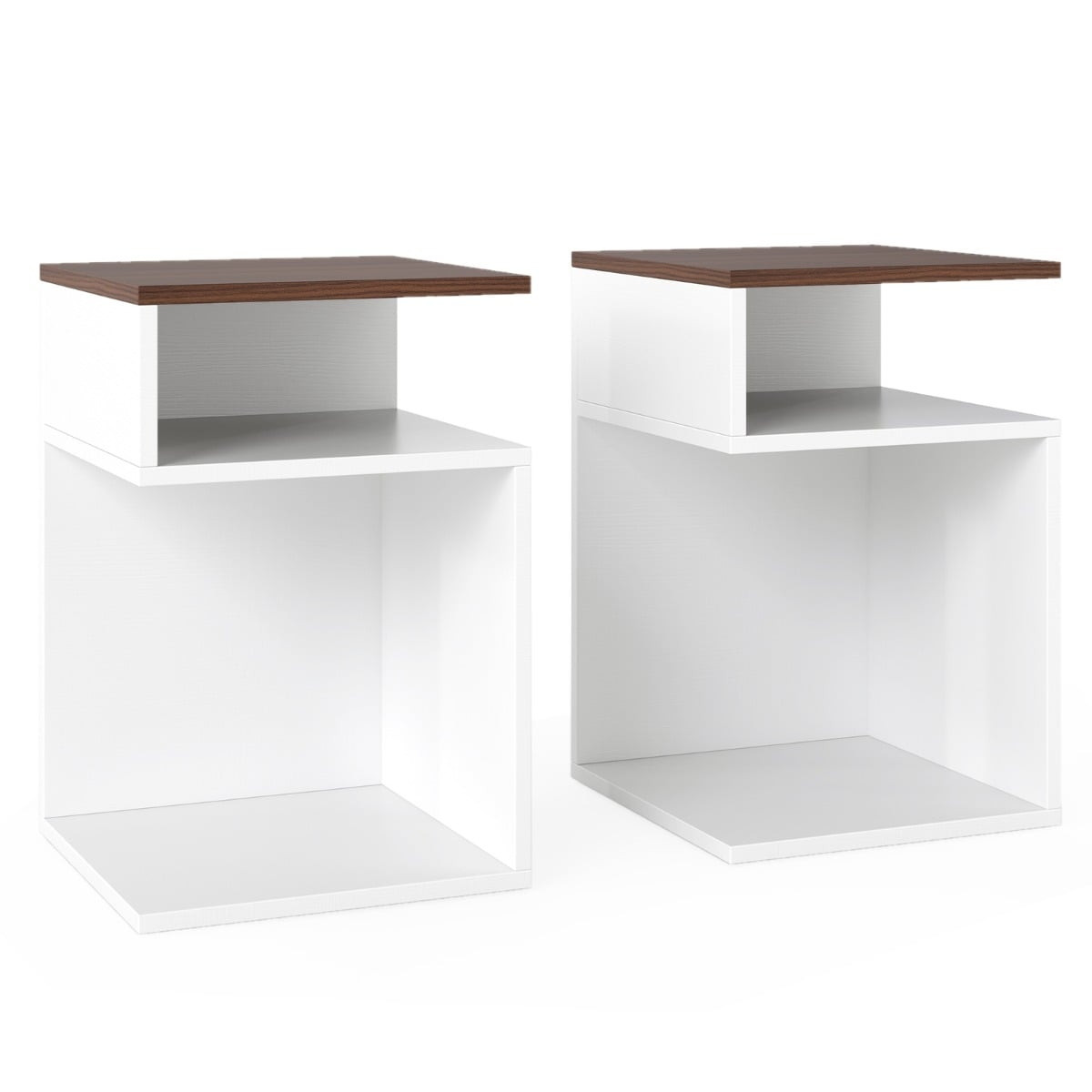 S-Shaped Side Table Set with 2 Open Shelves, White/Walnut