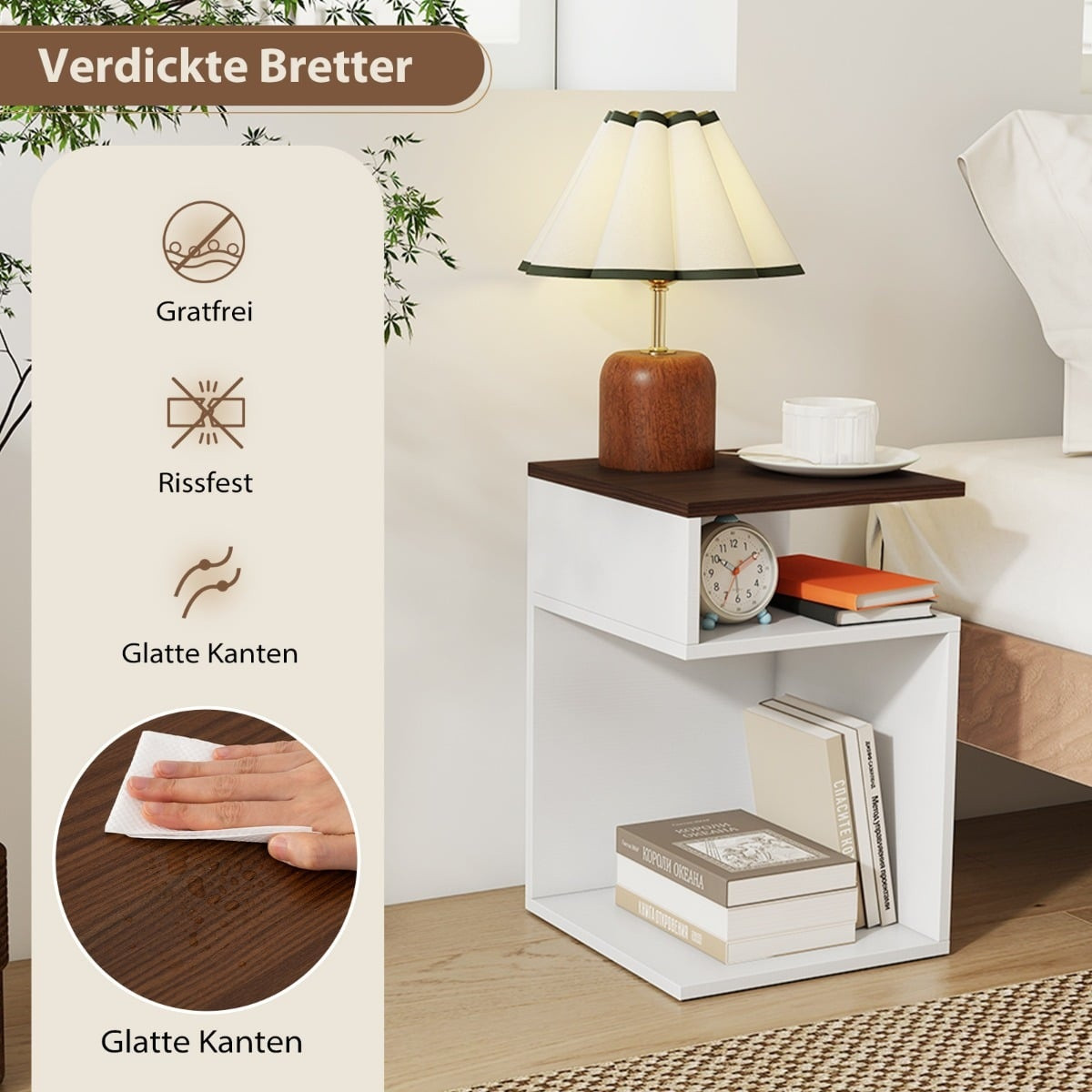 S-Shaped Side Table Set with 2 Open Shelves, White/Walnut
