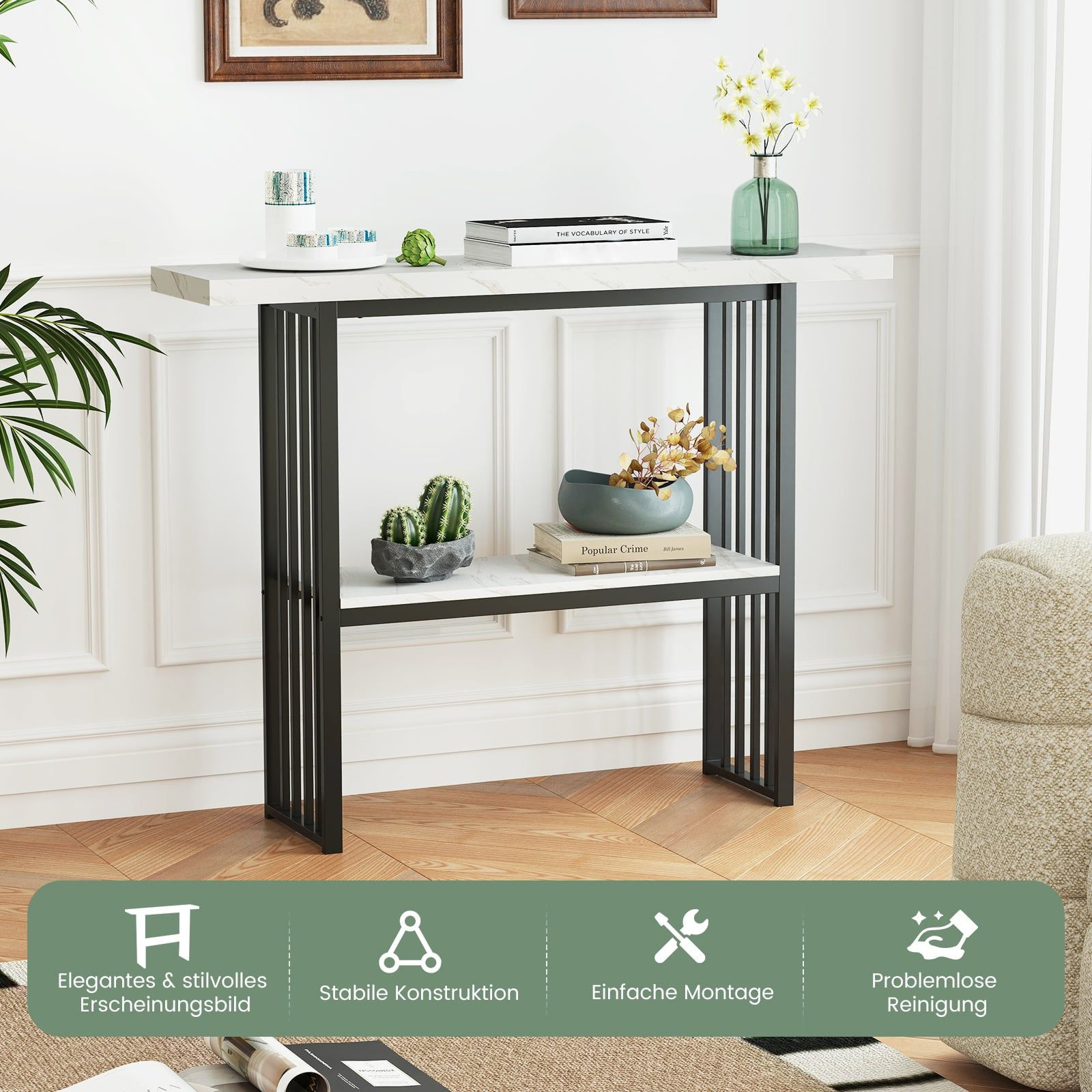 2-Tier Marble Console Table, Black & White, 120cm