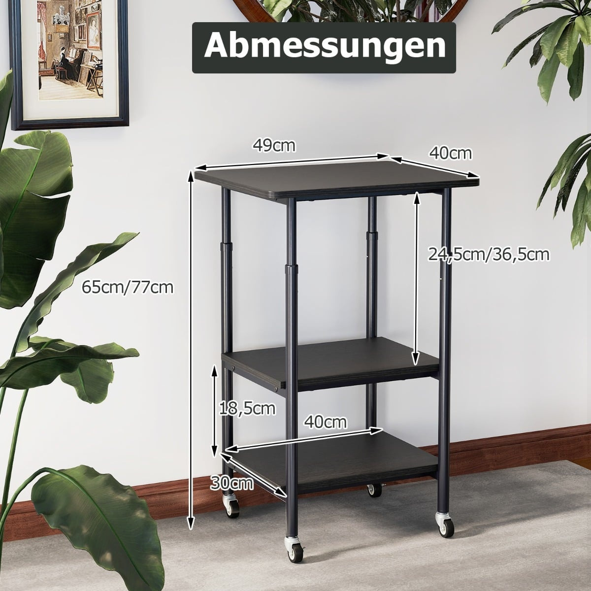 Adjustable 3-Tier Printer Stand with Shelves & Wheels