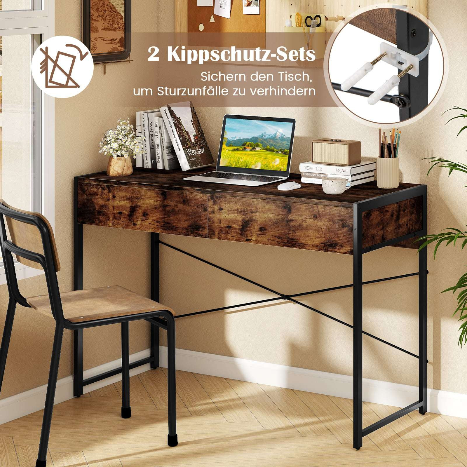 Compact computerbureau met 2 lades, rustiek bruin