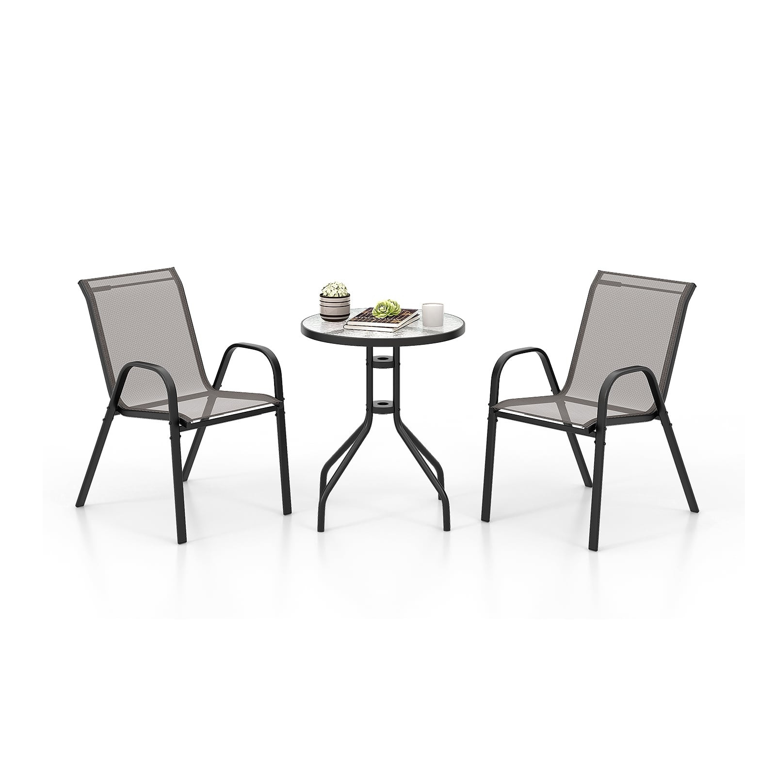 Outdoor Bistro Set – 2 Stackable Chairs, Round Table, Gray