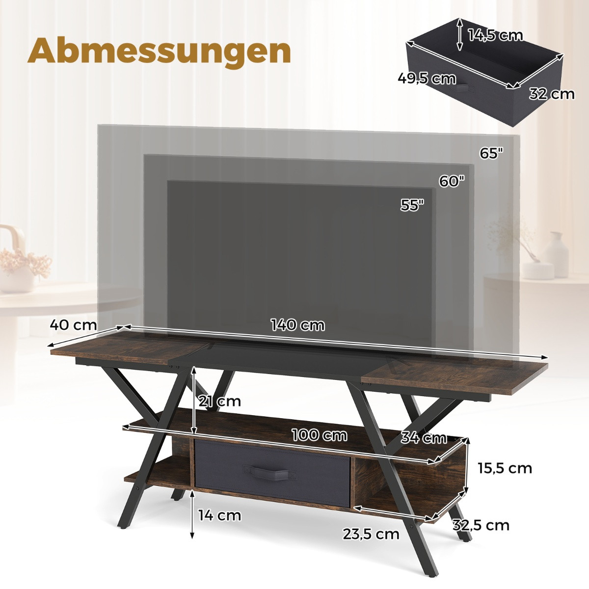 Suporte para TV de 65 polegadas com luzes LED e espaço para armazen...