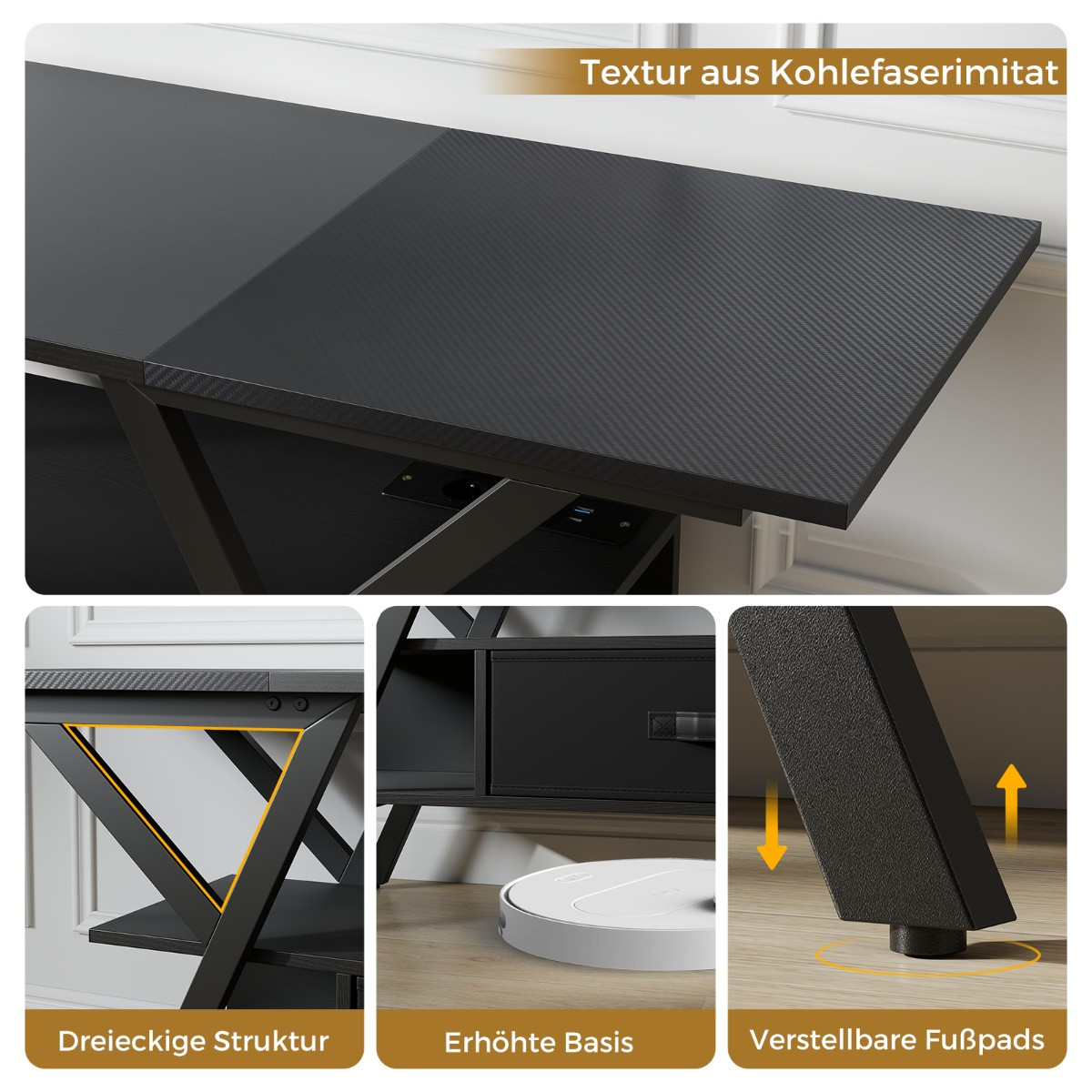 Suporte para TV de 65 polegadas com luzes LED e tomadas elétricas.