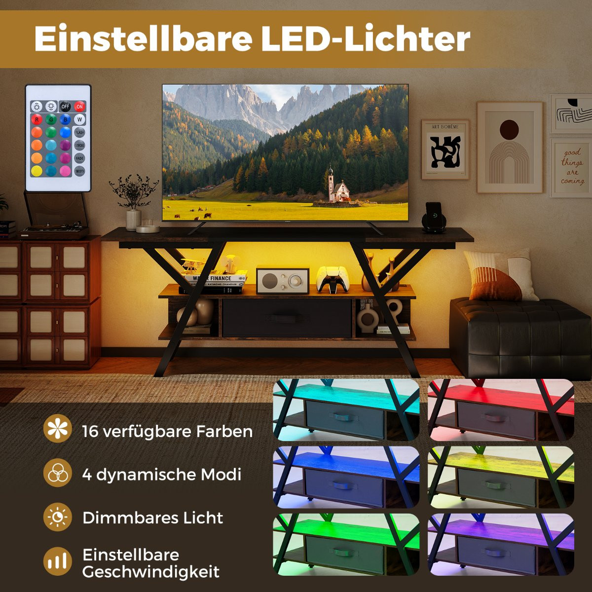 Suporte para TV de 65 polegadas com luzes LED e espaço para armazen...