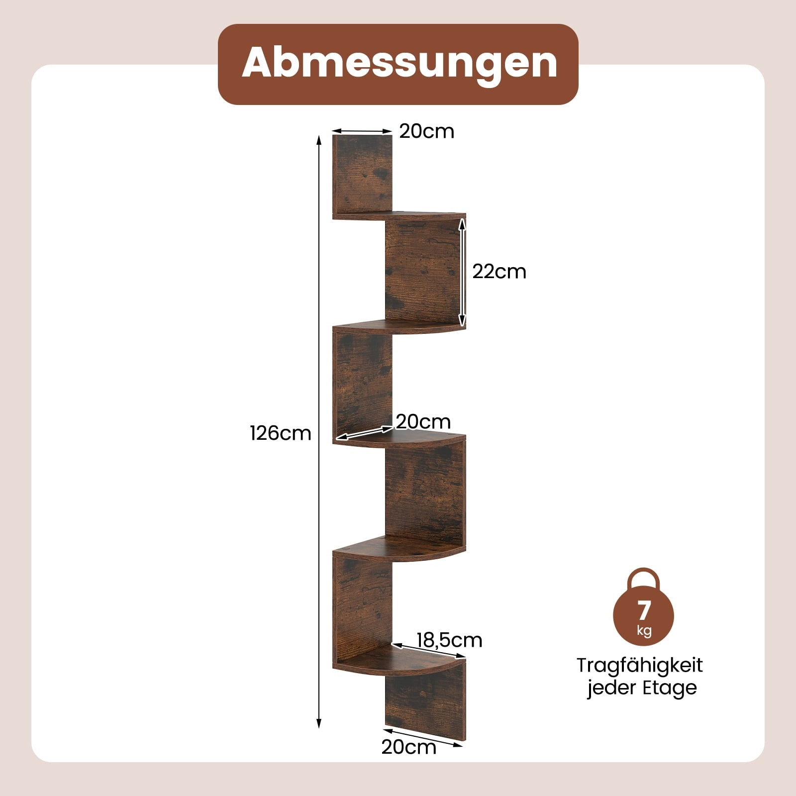 5-Tier Corner Wall Shelf, Floating Design, Rustic Brown