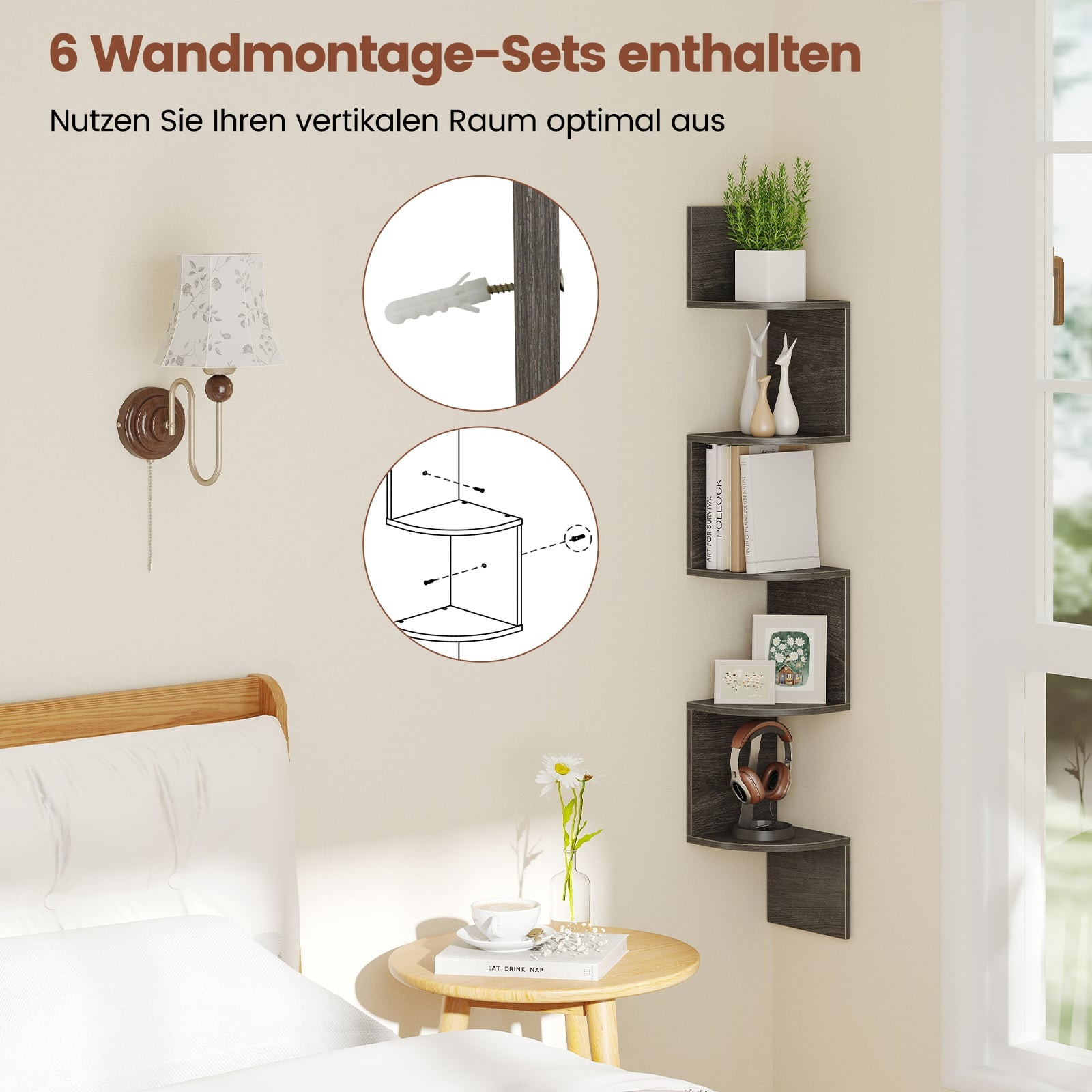 Schwebendes Eckregal, 5-stufige Wandablage, Grau