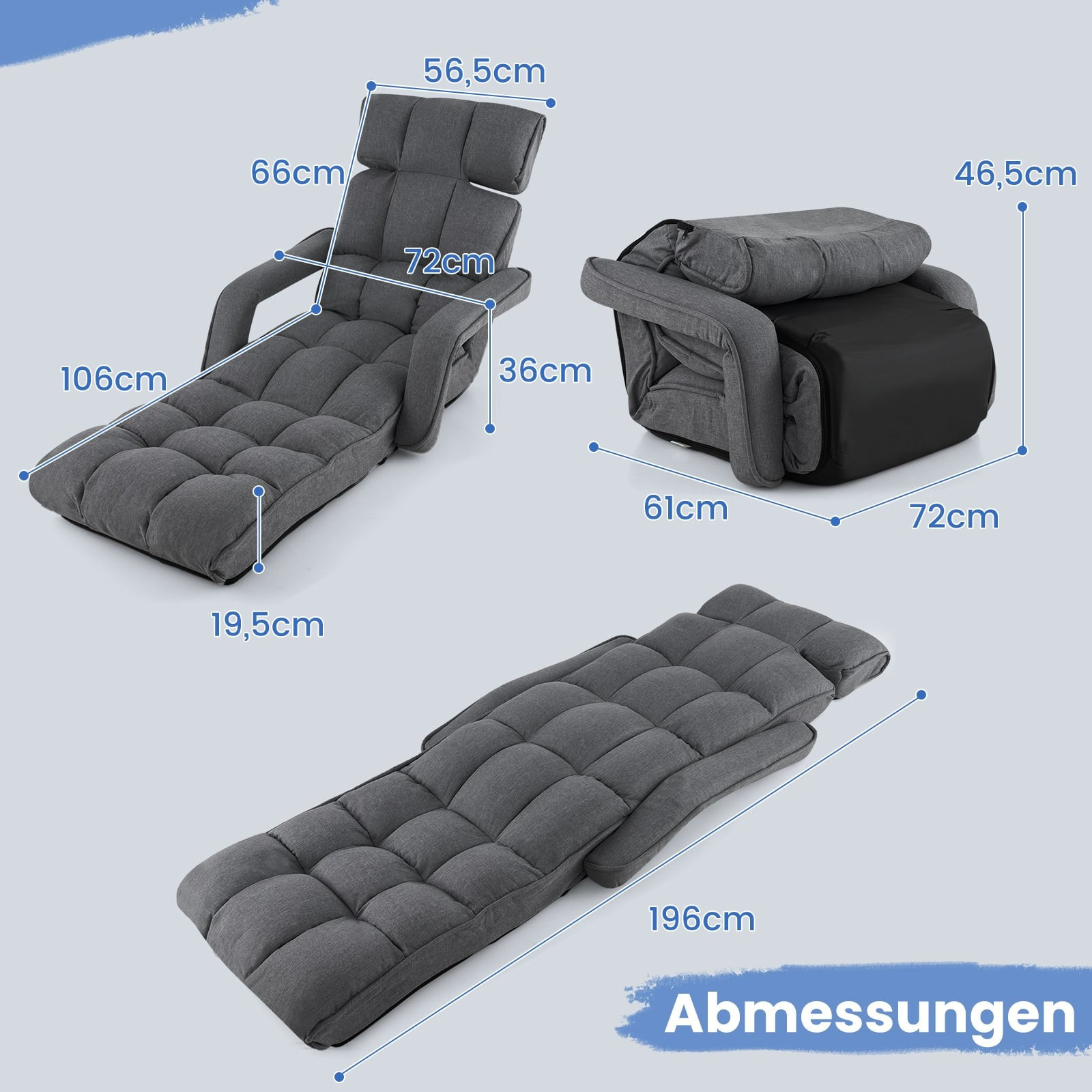 Sofá cama plegable ajustable, gris oscuro, 6 posiciones