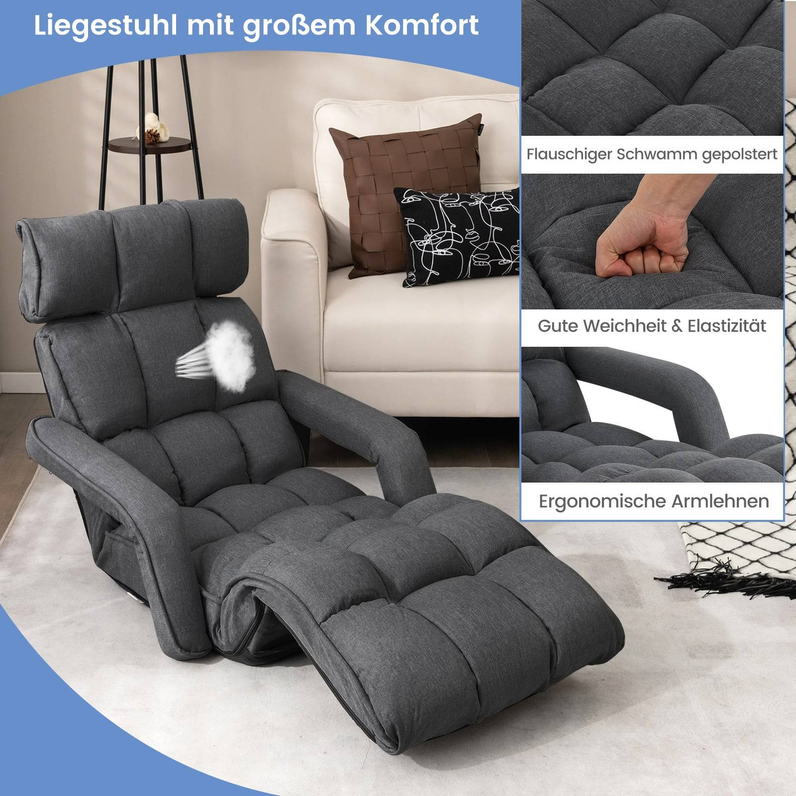 Adjustable Folding Sofa Bed, Dark Gray, 6 Positions