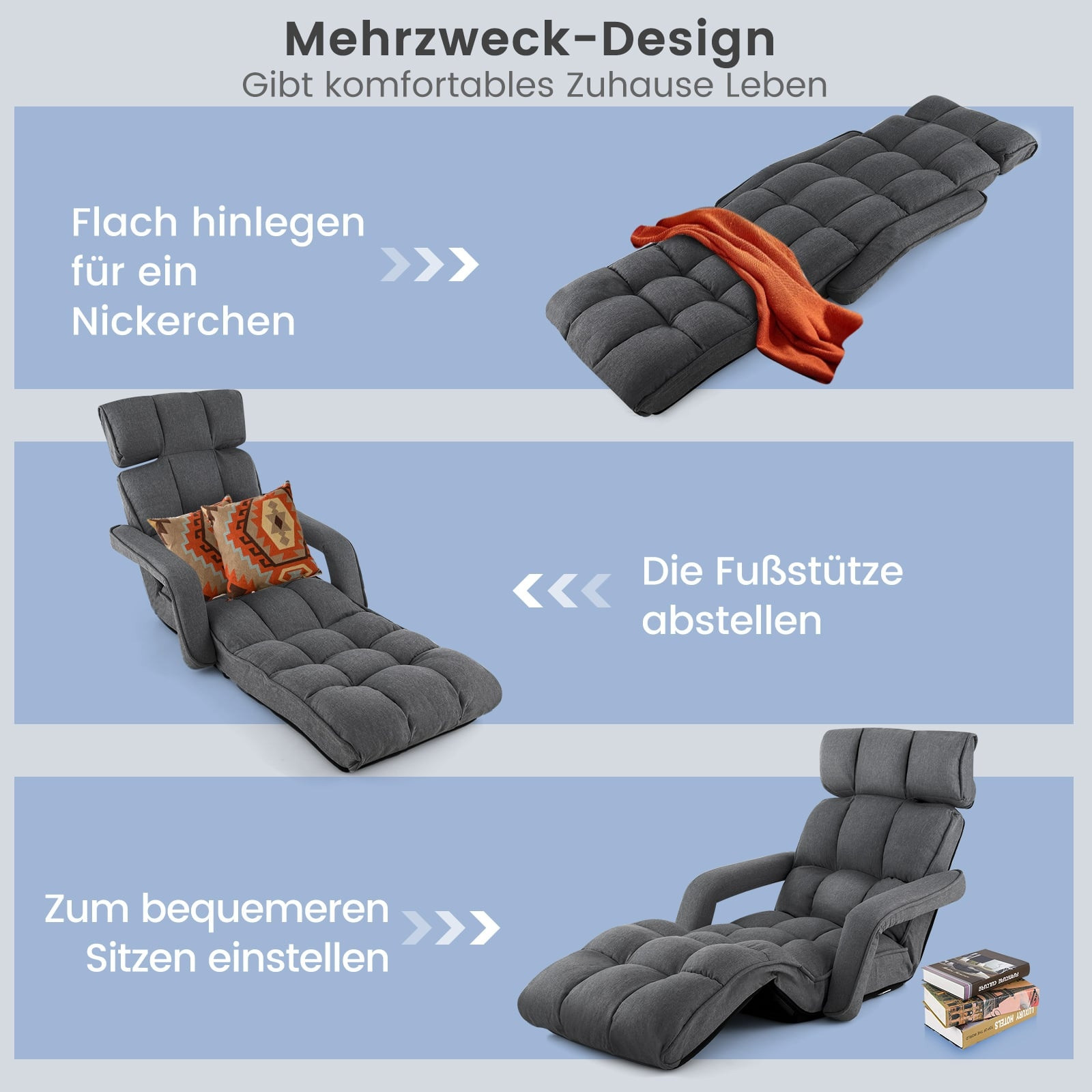 Sofá cama plegable ajustable, gris oscuro, 6 posiciones
