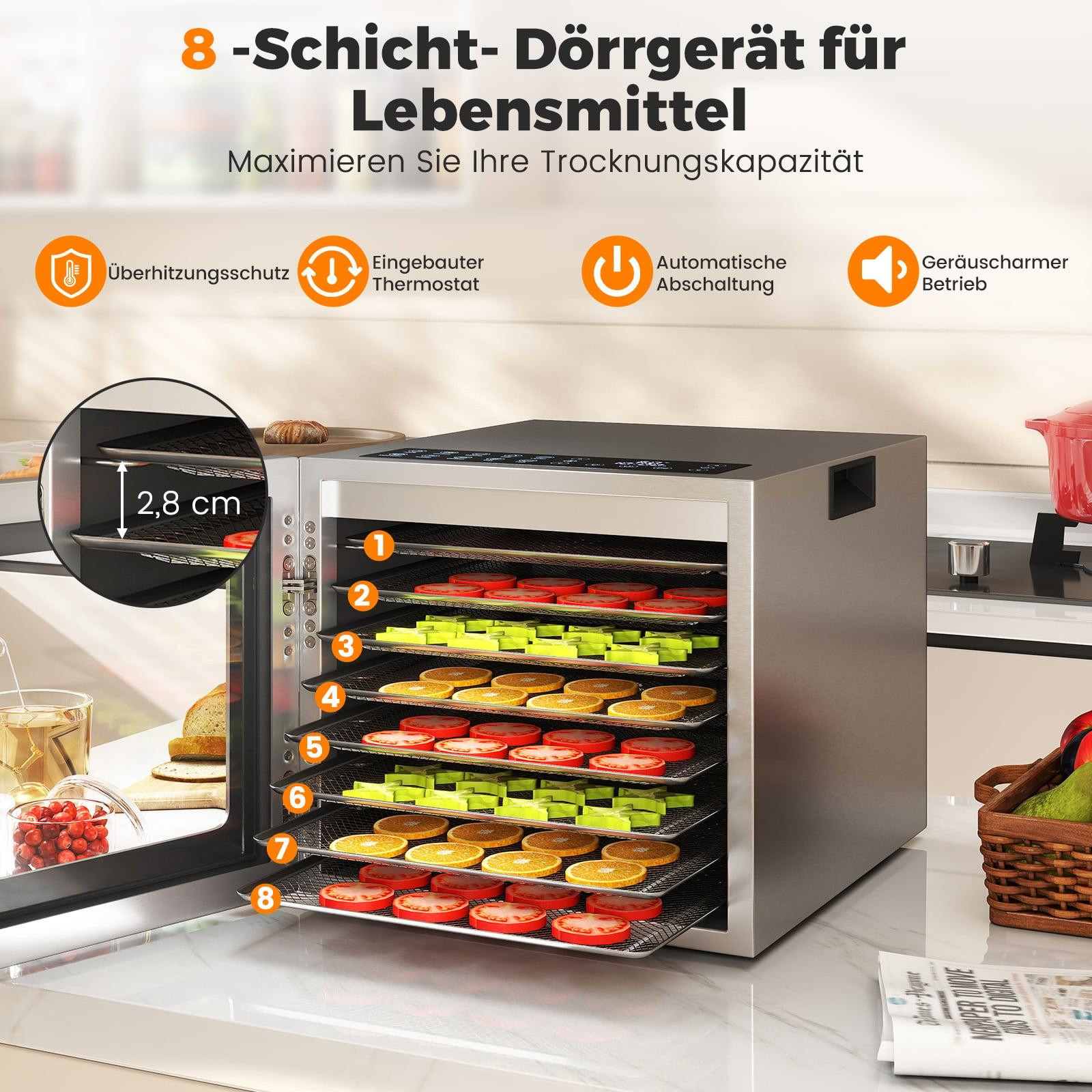 Dörrgerät, 8 Einschübe, 48-Stunden-Timer, 35–75 °C, Silber