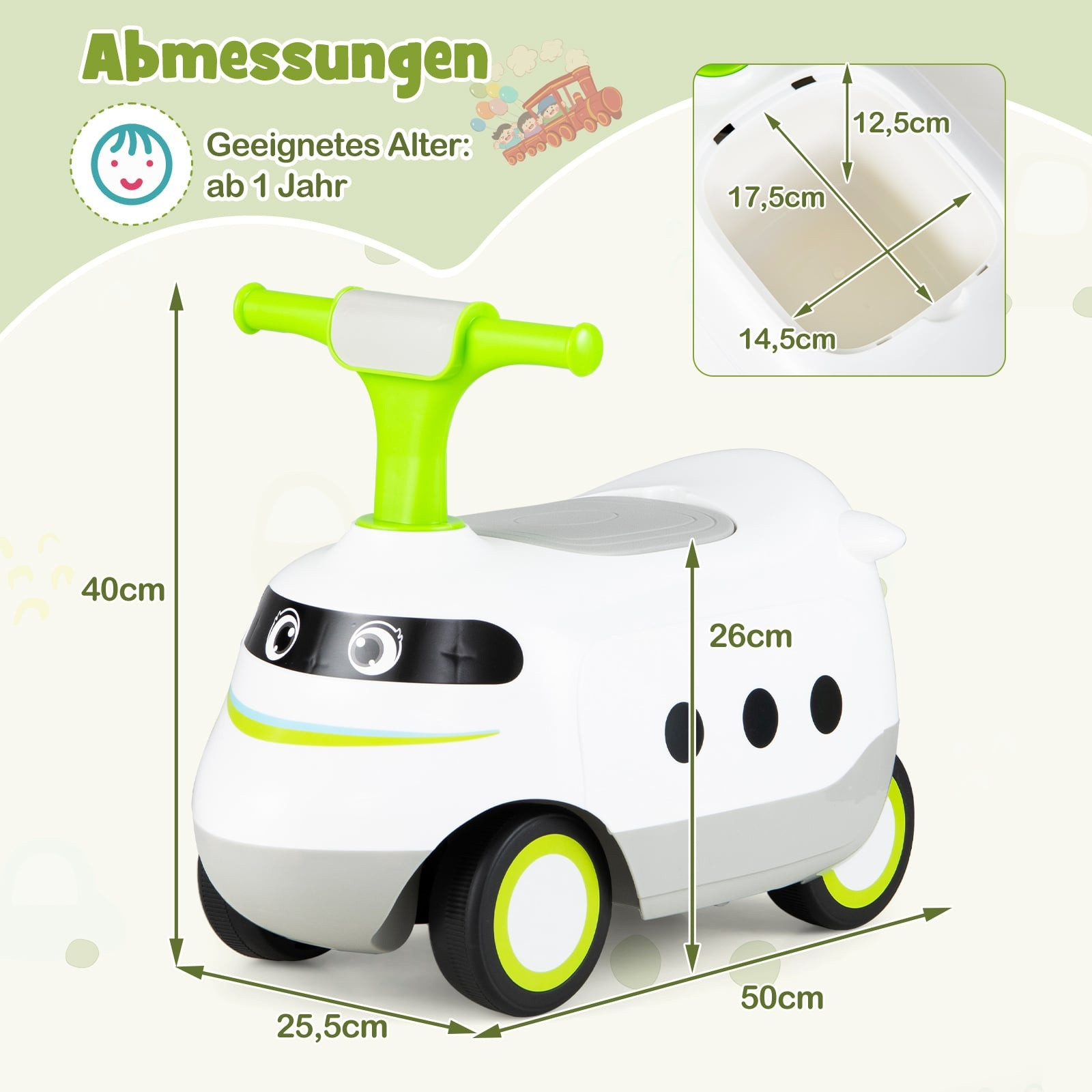 Auto per bambini con clacson e contenitore, verde