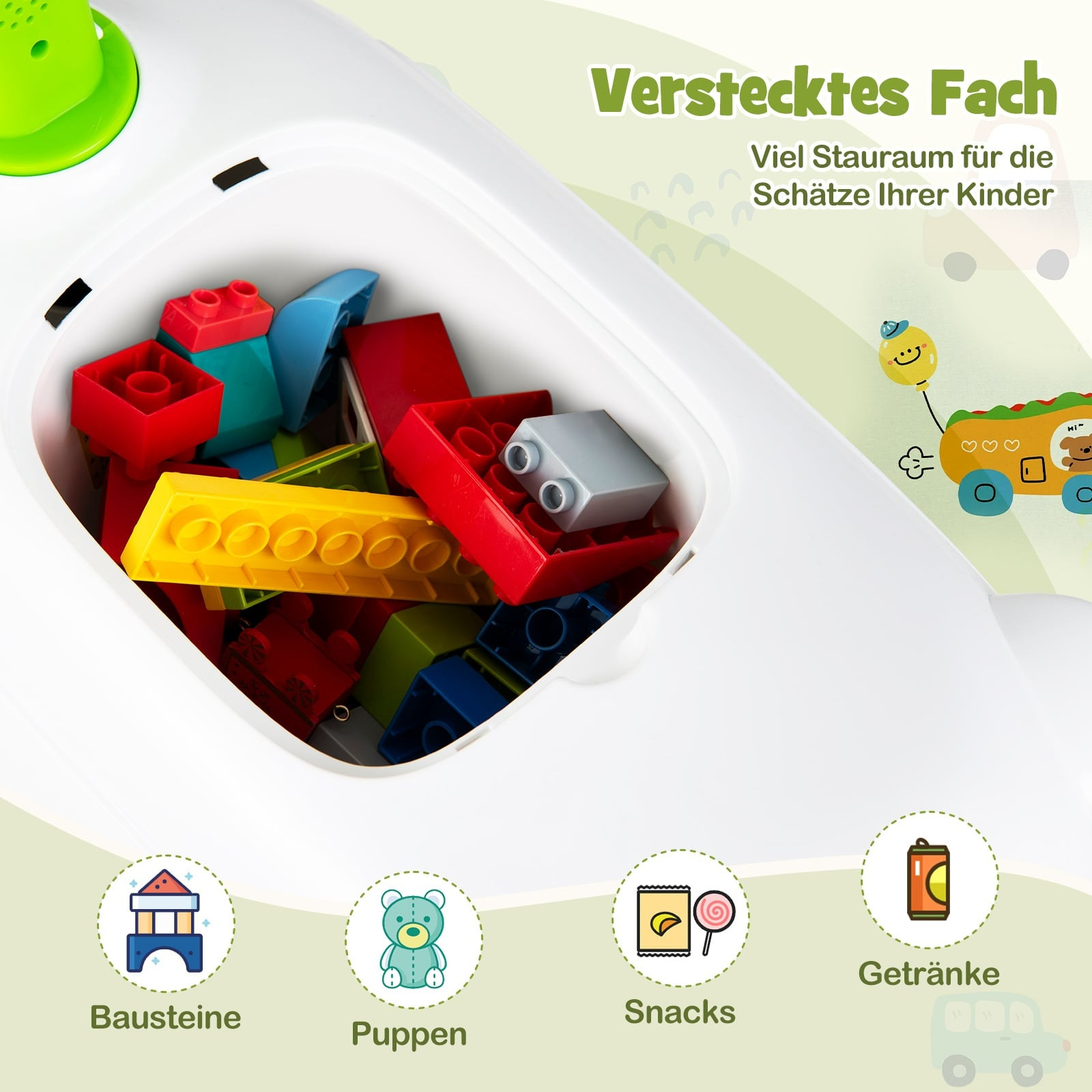 Auto per bambini con clacson e contenitore, verde