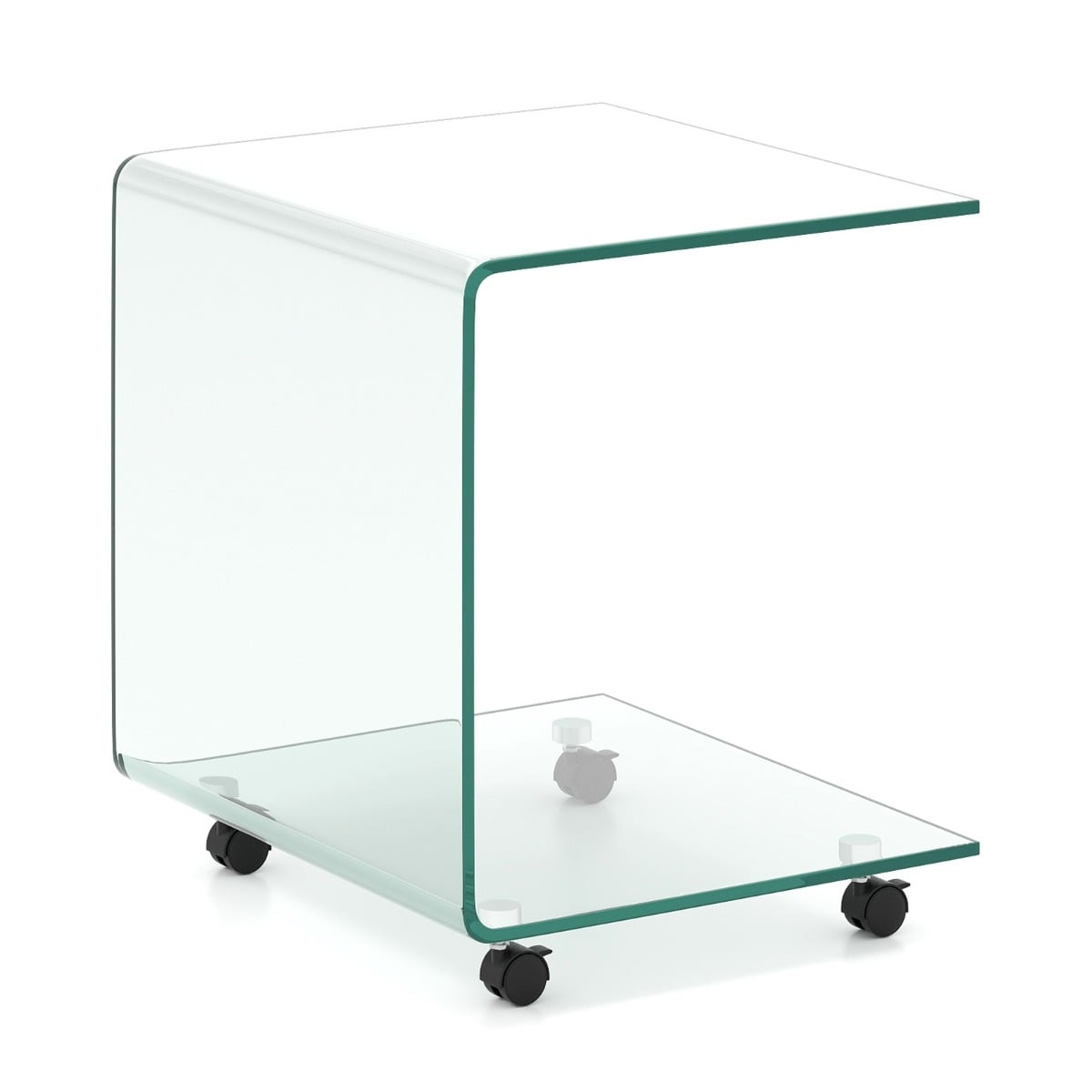 C-Shaped Tempered Glass Side Table with Wheels