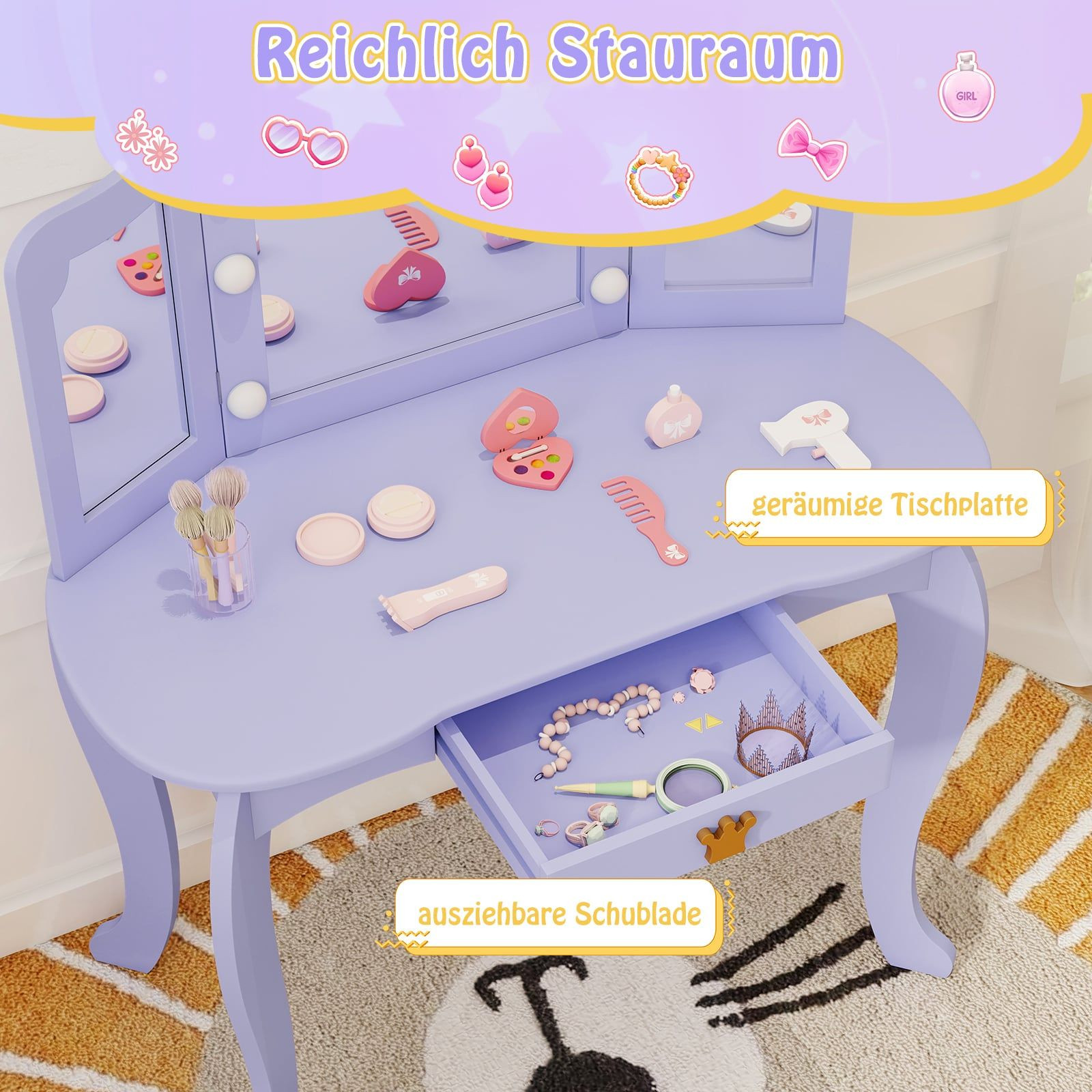 Coiffeuse enfant avec éclairage, miroir triptyque, violette