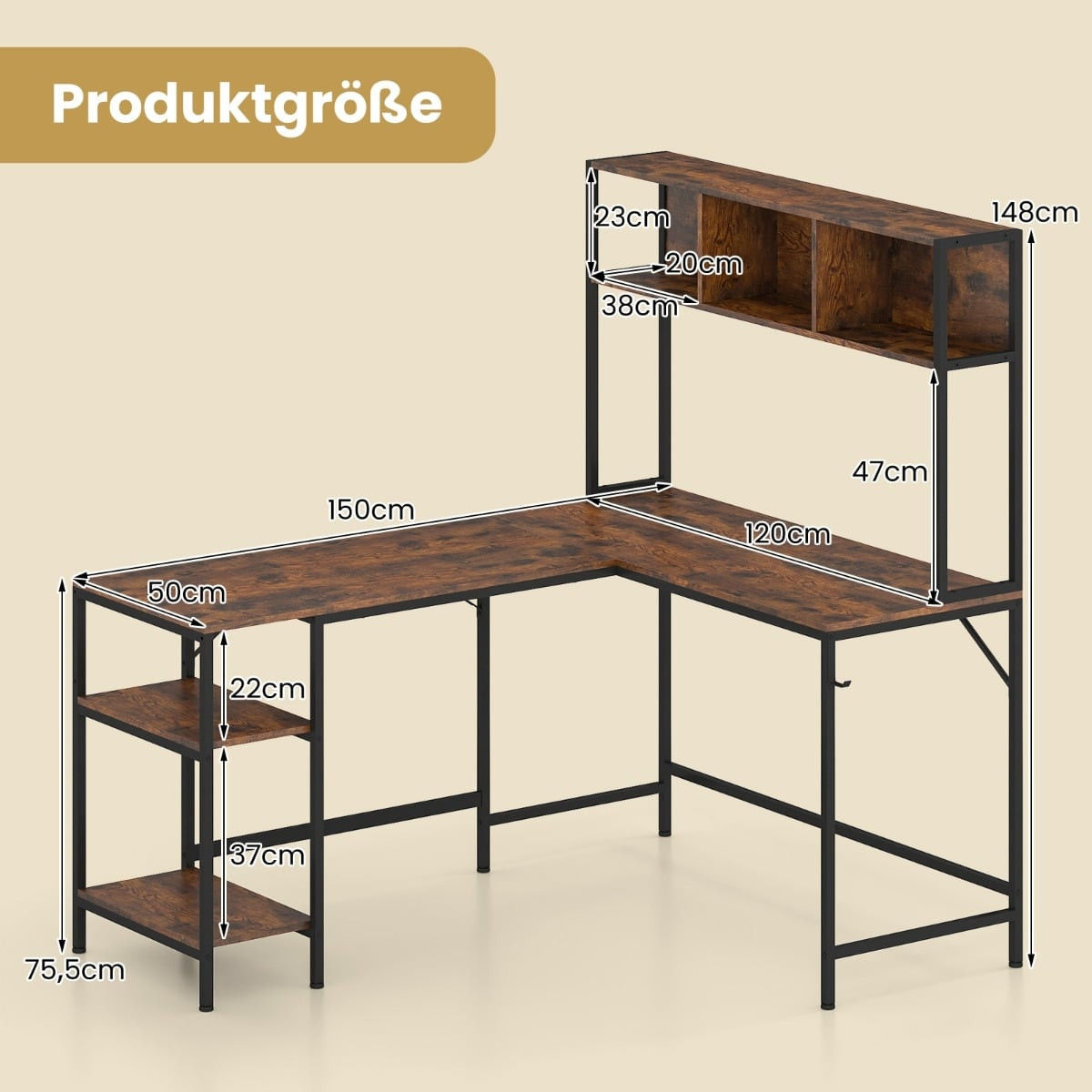 Bureau d'angle en forme de L avec bibliothèque intégrée, table d'or...