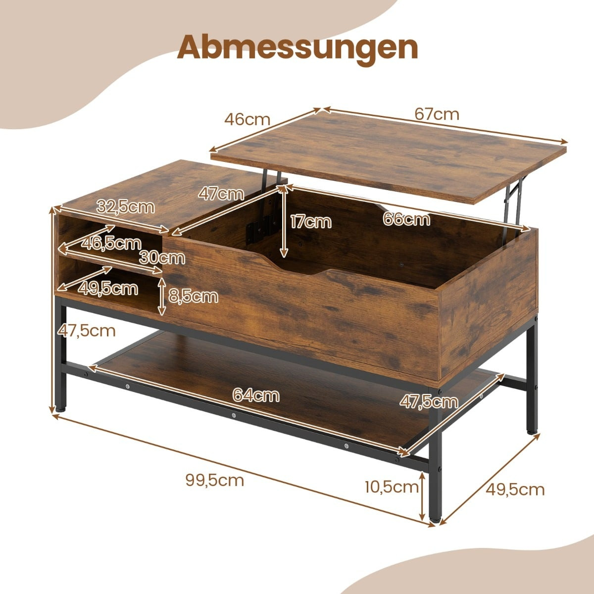 Mesa de centro elevable con almacenamiento oculto, madera marrón