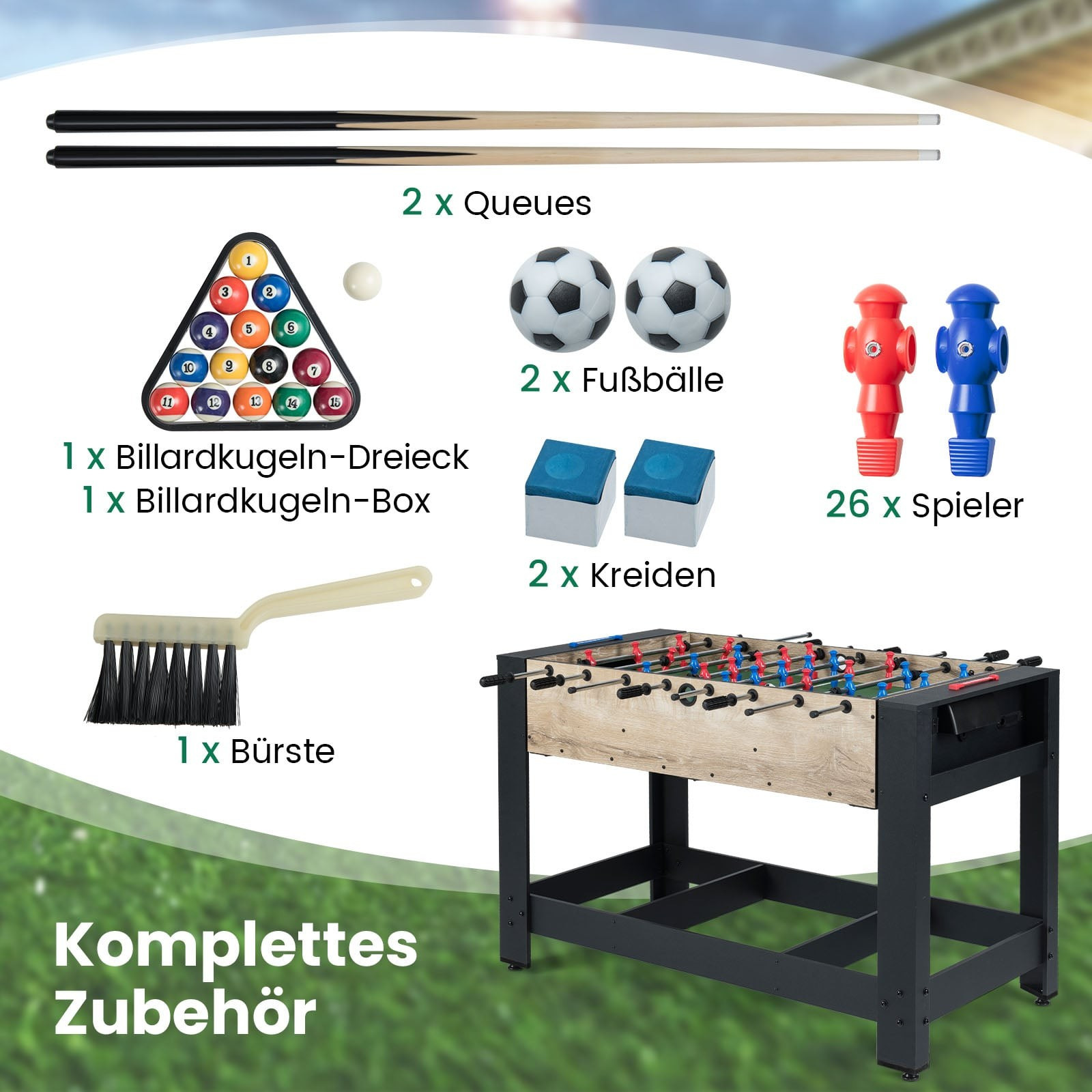 Mesa de pebolim e bilhar 2 em 1 – Design compacto e estável