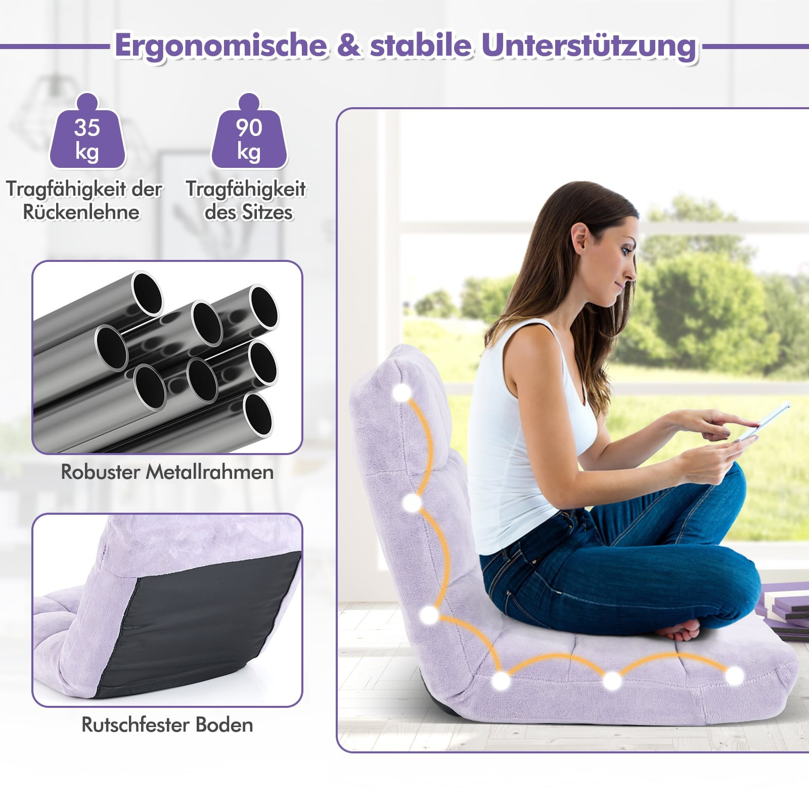 Silla de suelo ajustable, morada, 14 posiciones, plegable