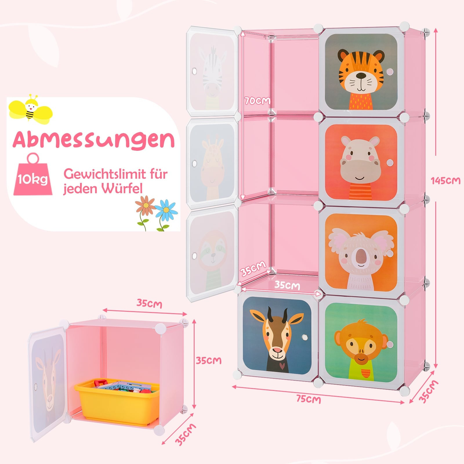Armadio per bambini con 8 cubi e spazio per appendere, rosa