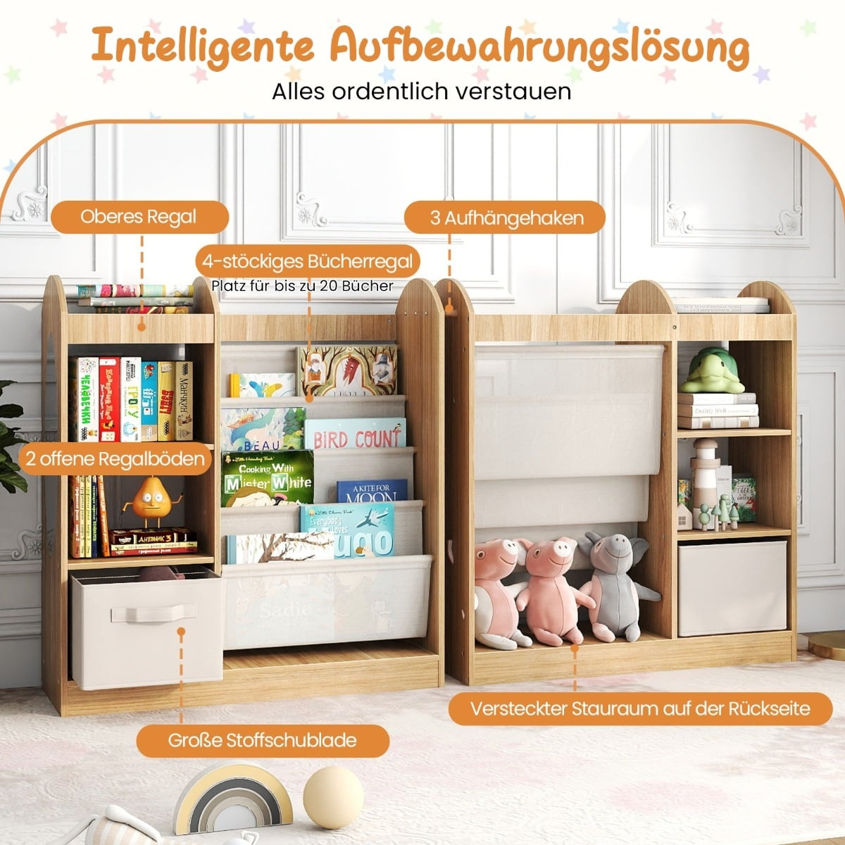 Libreria per bambini con specchio e organizer per giocattoli
