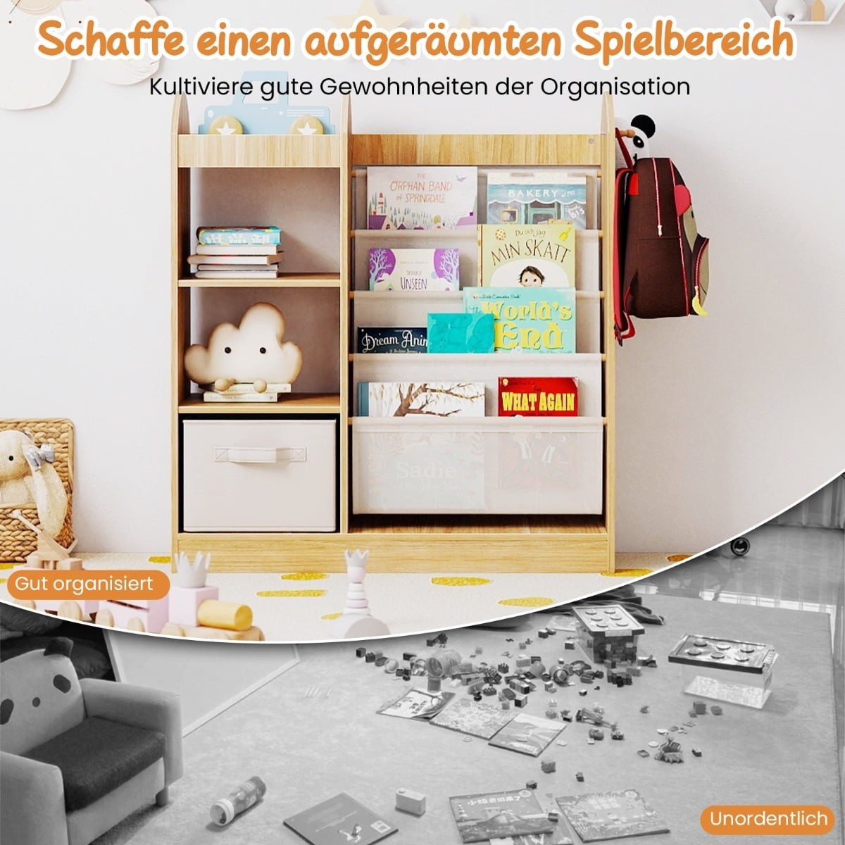 Libreria per bambini con specchio e organizer per giocattoli