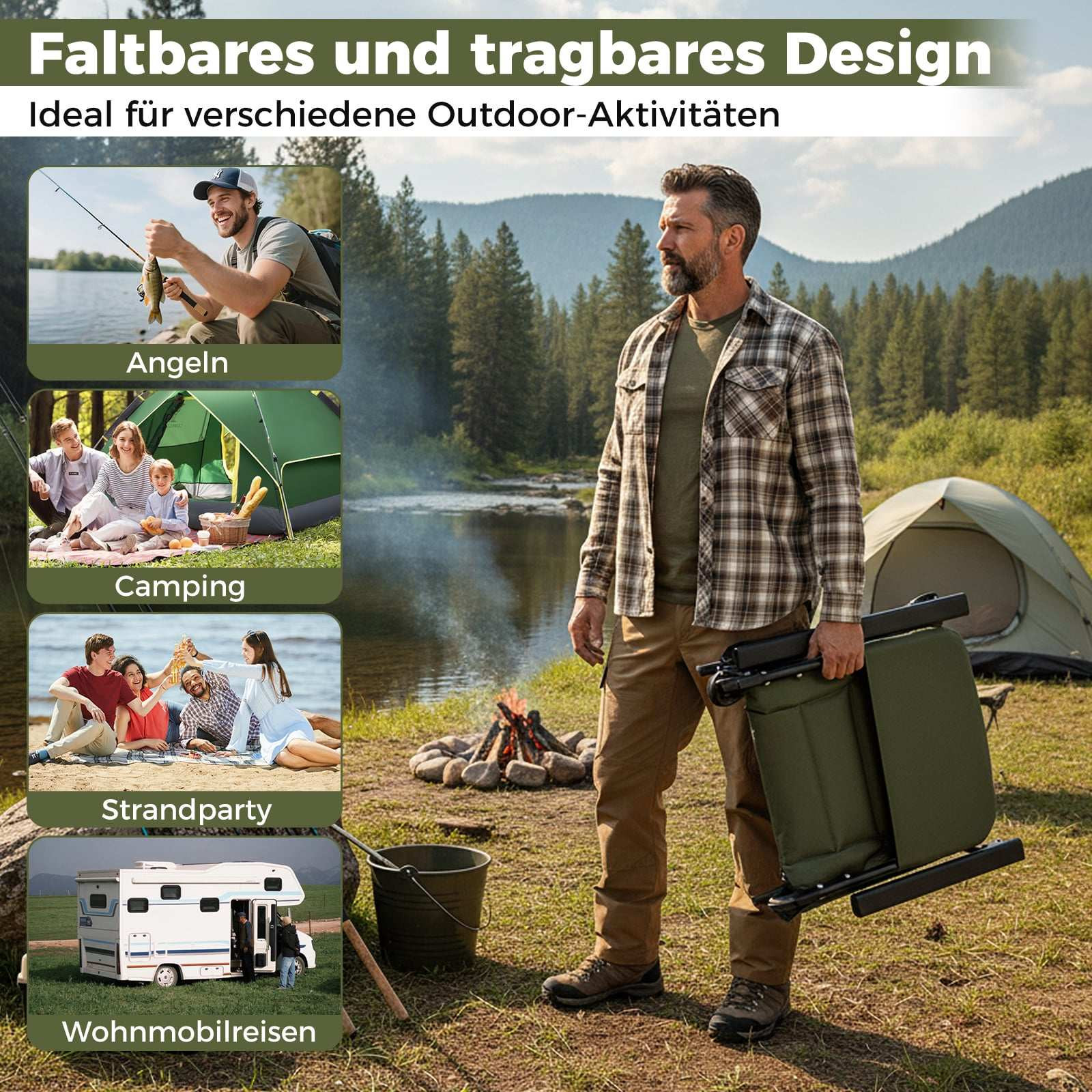 Cadeira de camping dobrável extragrande, resistente e ajustável.
