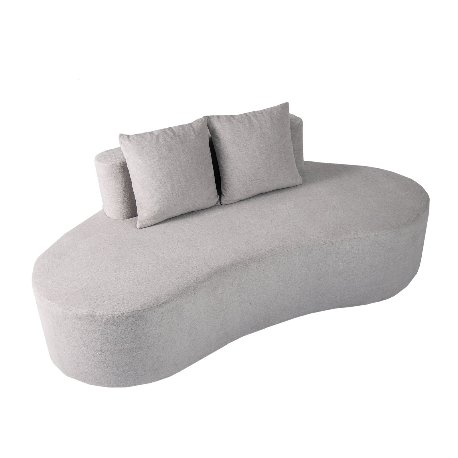 Sofá-cama cinza de 199 cm com 2 almofadas e encosto baixo.