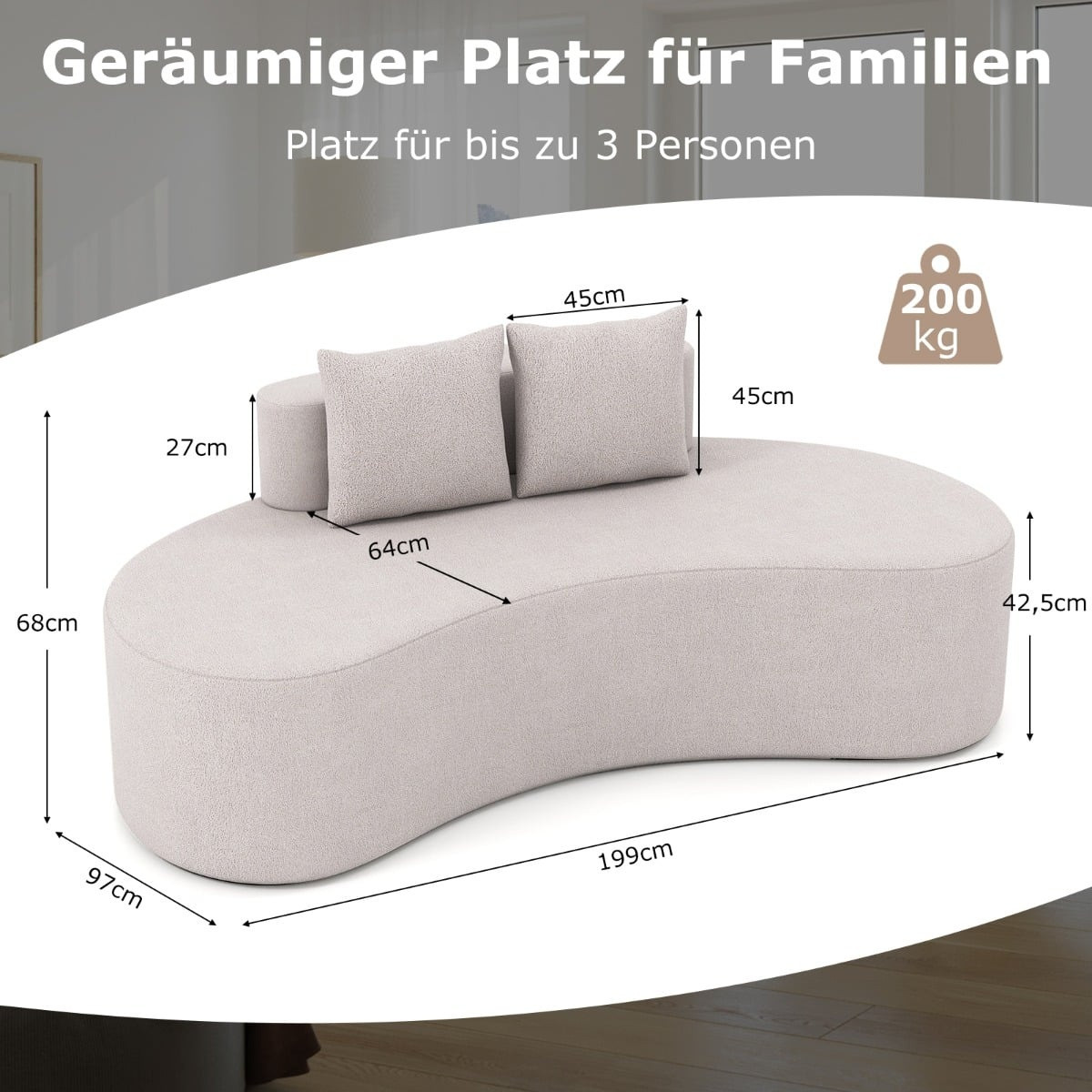 Sofá-cama cinza de 199 cm com 2 almofadas e encosto baixo.
