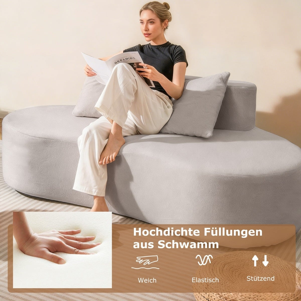 Sofá-cama cinza de 199 cm com 2 almofadas e encosto baixo.