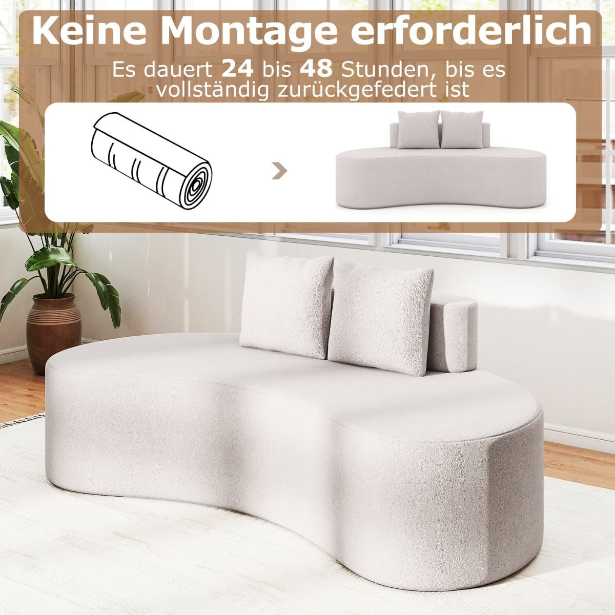Sofá-cama cinza de 199 cm com 2 almofadas e encosto baixo.