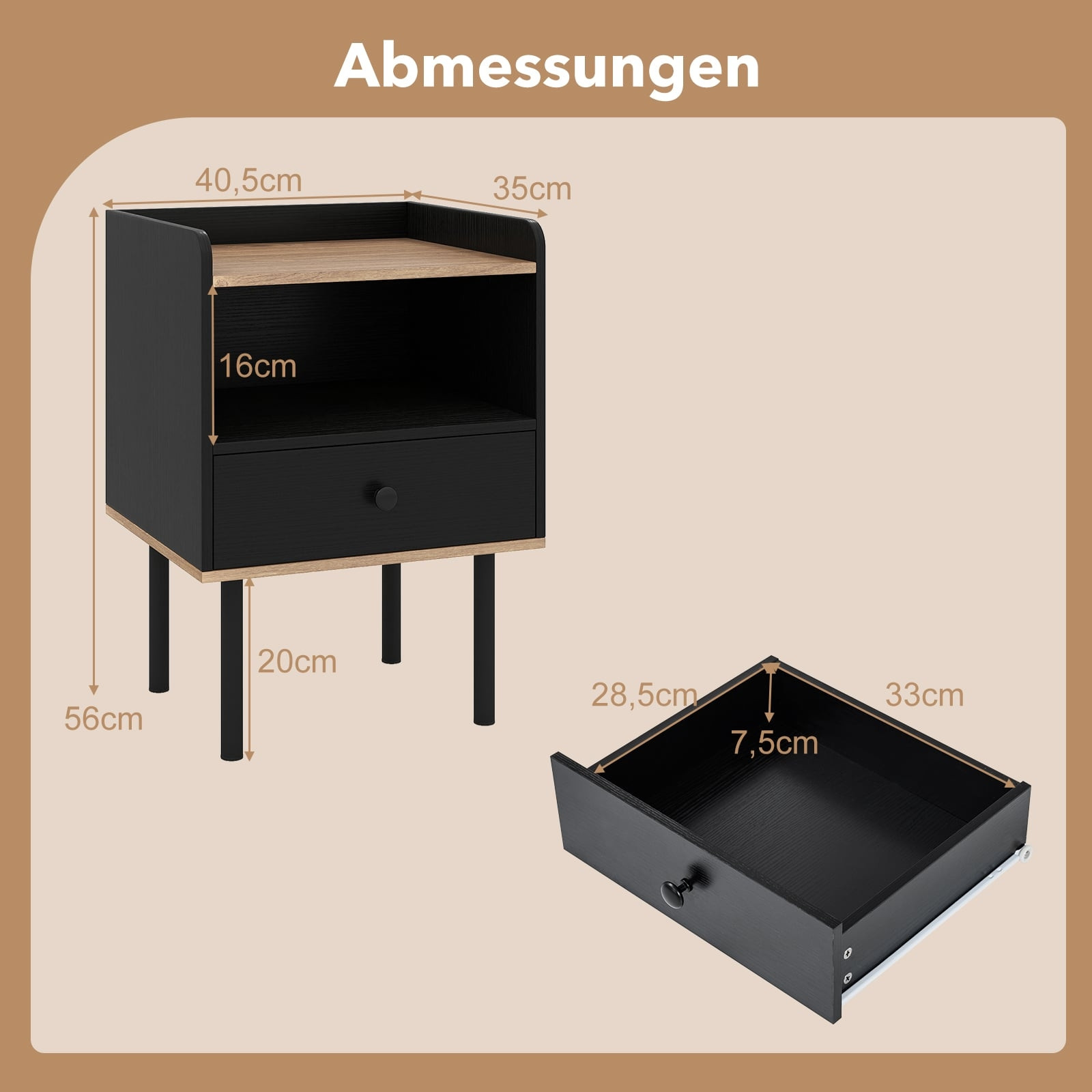 Set comodino nero da 2 pezzi con cassetto e ripiano