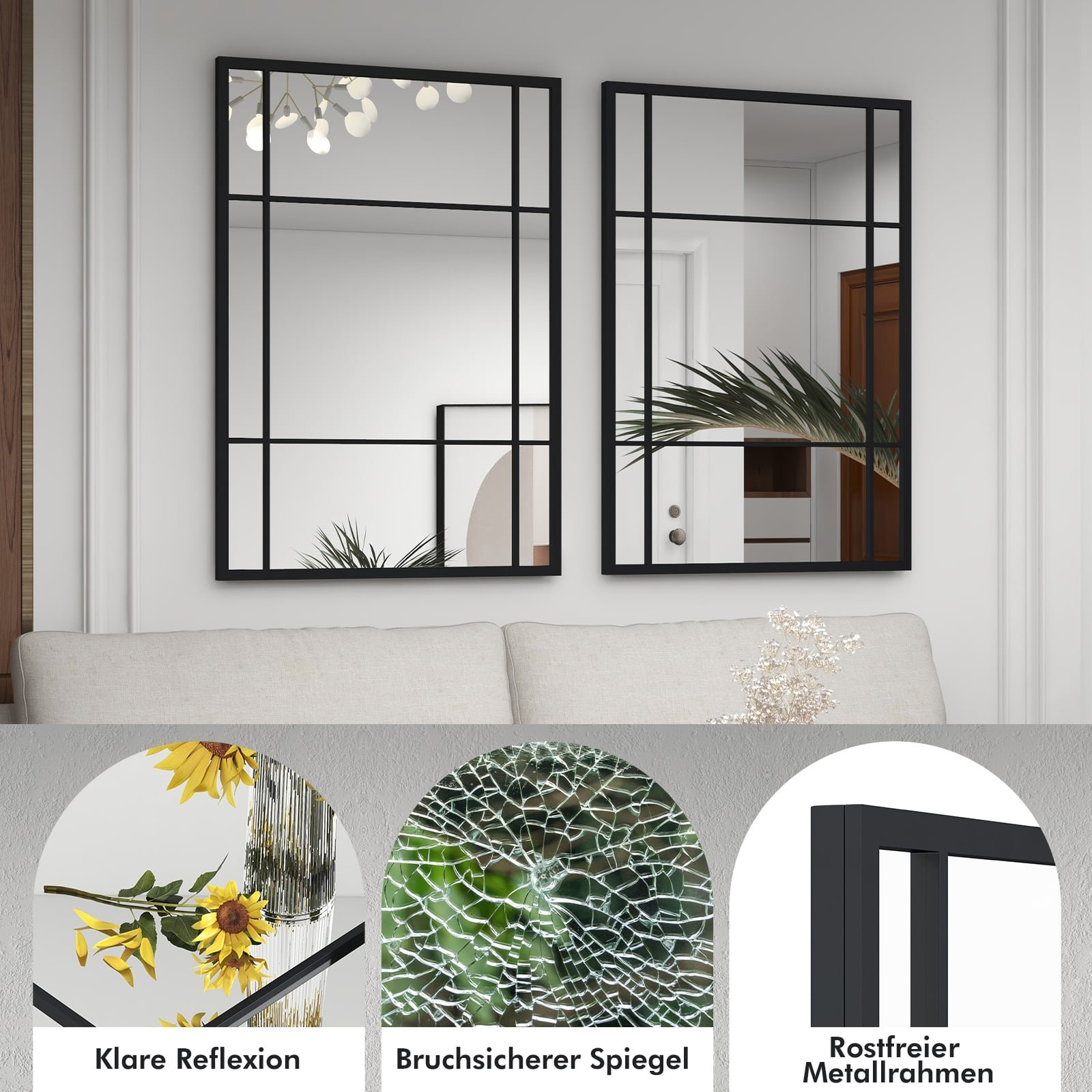 Espejo de pared rectangular, marco de metal, 100 x 70 cm