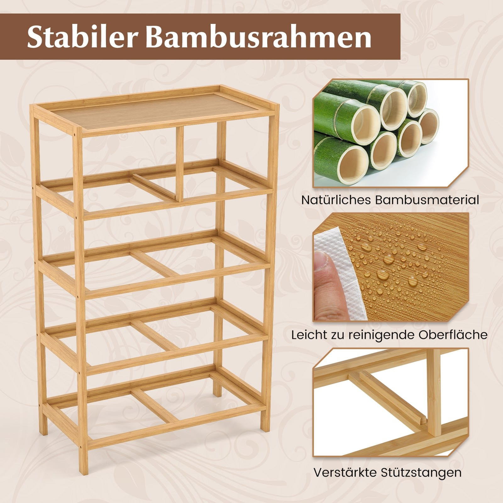 Cômoda de bambu com 5 gavetas de tecido e prateleira.