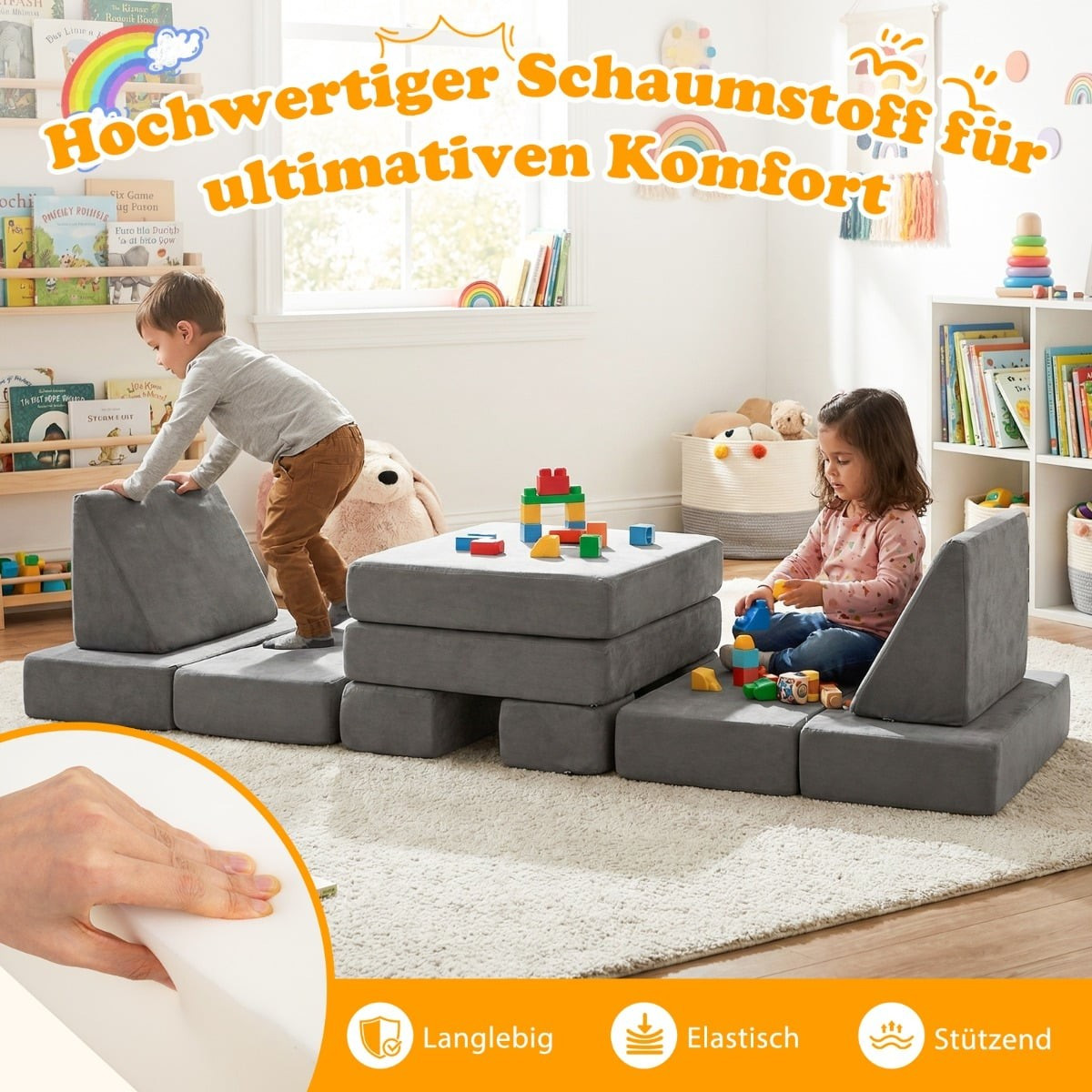 Sofá infantil modular de 12 peças com capas laváveis, cinza escuro