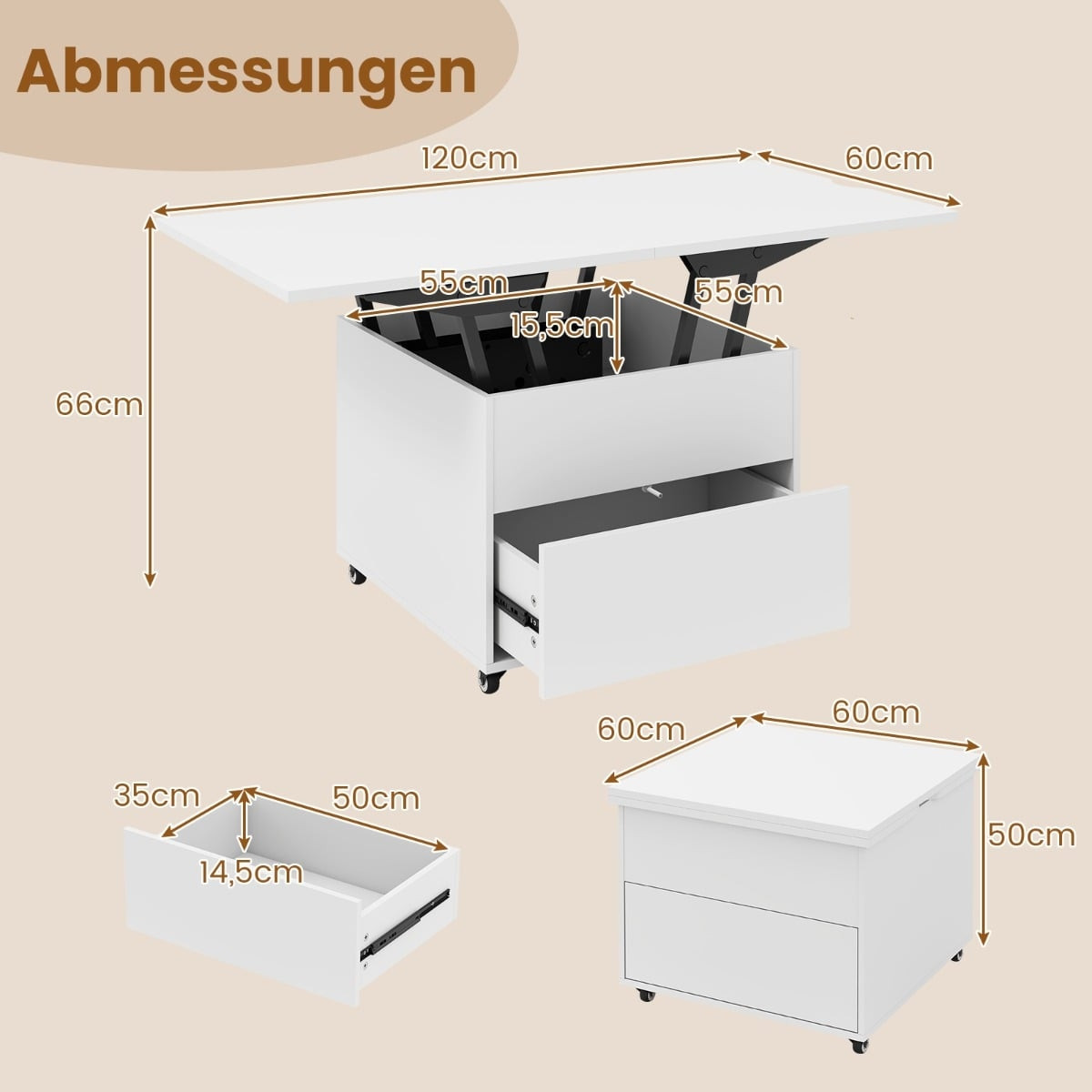 Mesa de centro elevable con espacio de almacenamiento, blanca, móvil