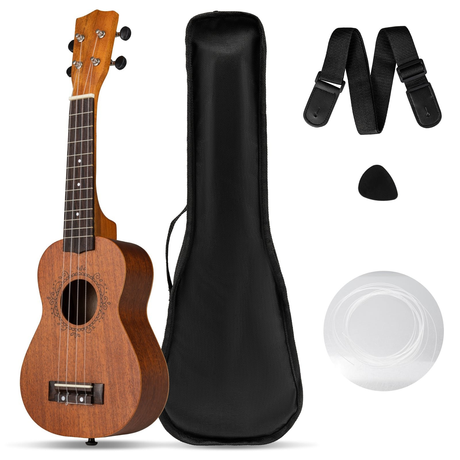 Ukulele de 21 polegadas em mogno com estojo e acessórios.
