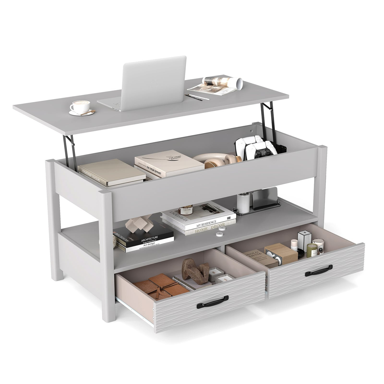 Mesa de centro ajustable con tapa elevable y 2 cajones
