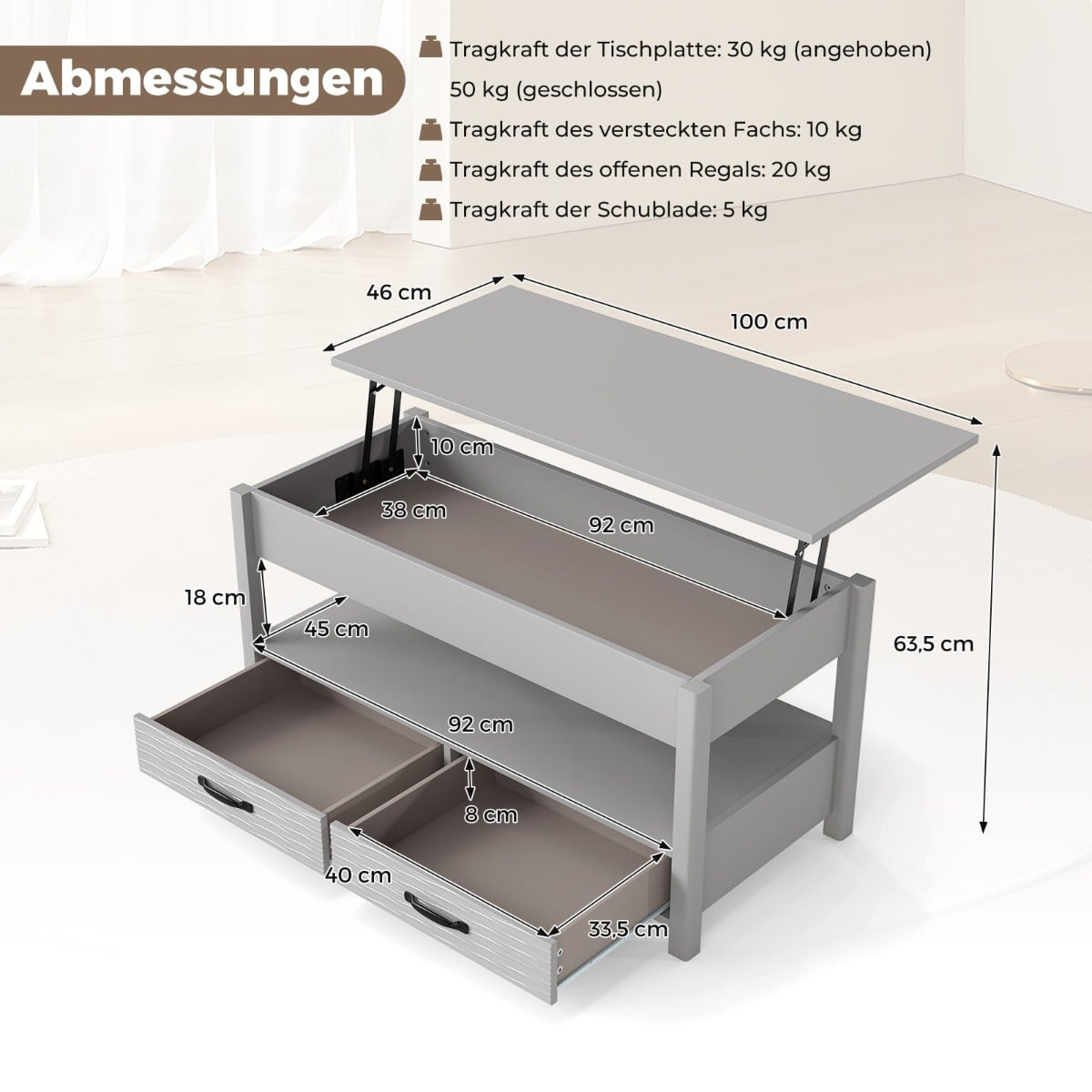Mesa de centro ajustável com tampo elevável e 2 gavetas.