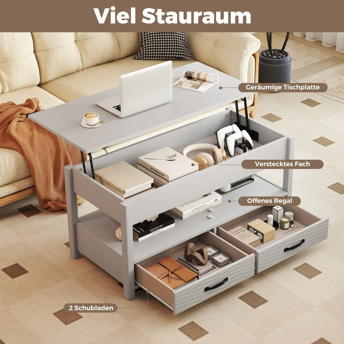 Mesa de centro ajustável com tampo elevável e 2 gavetas.