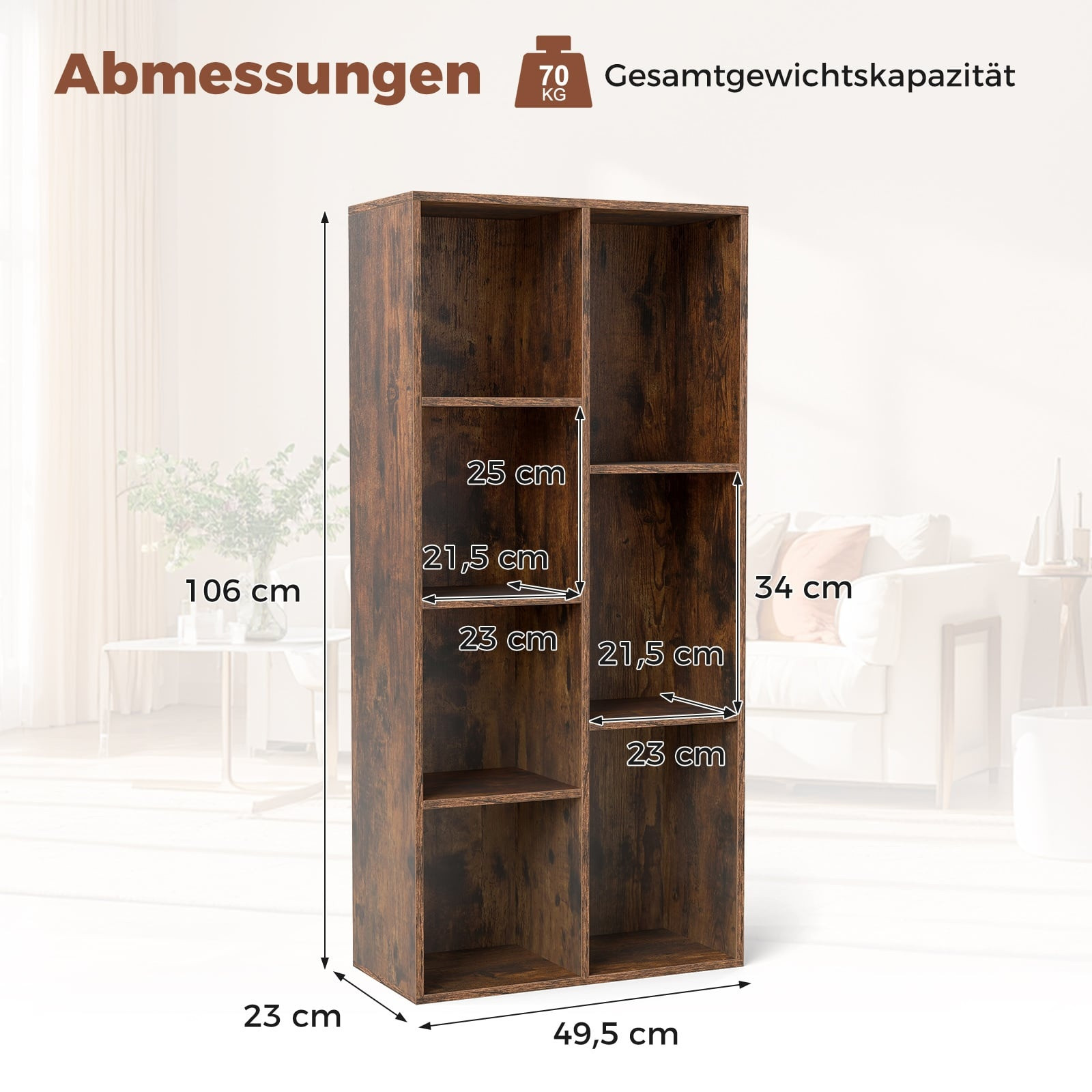 7-teiliges Bücherregal, vertikal oder horizontal, rustikales Braun