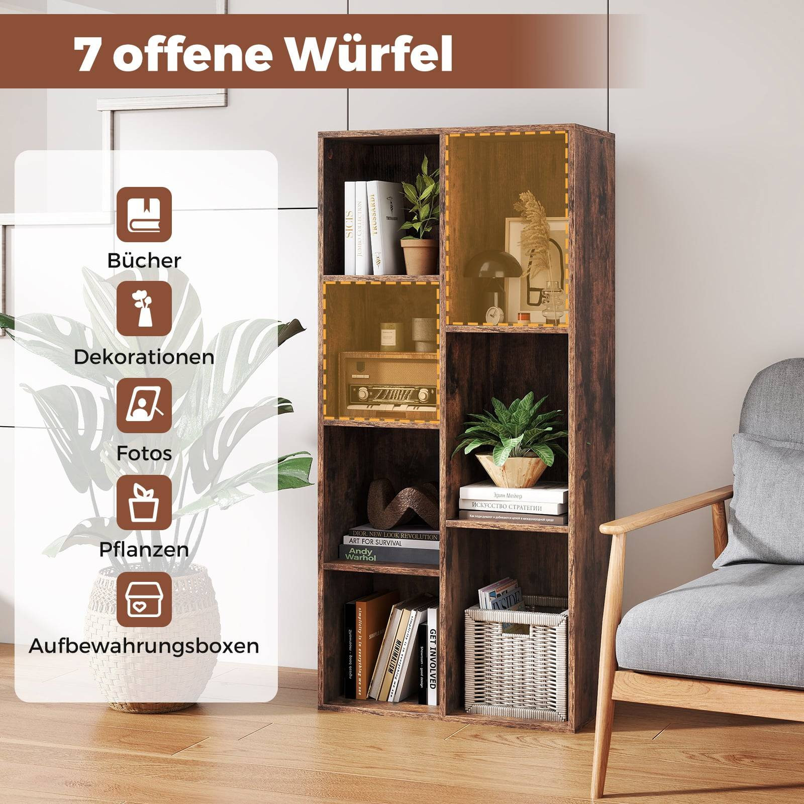 7-teiliges Bücherregal, vertikal oder horizontal, rustikales Braun