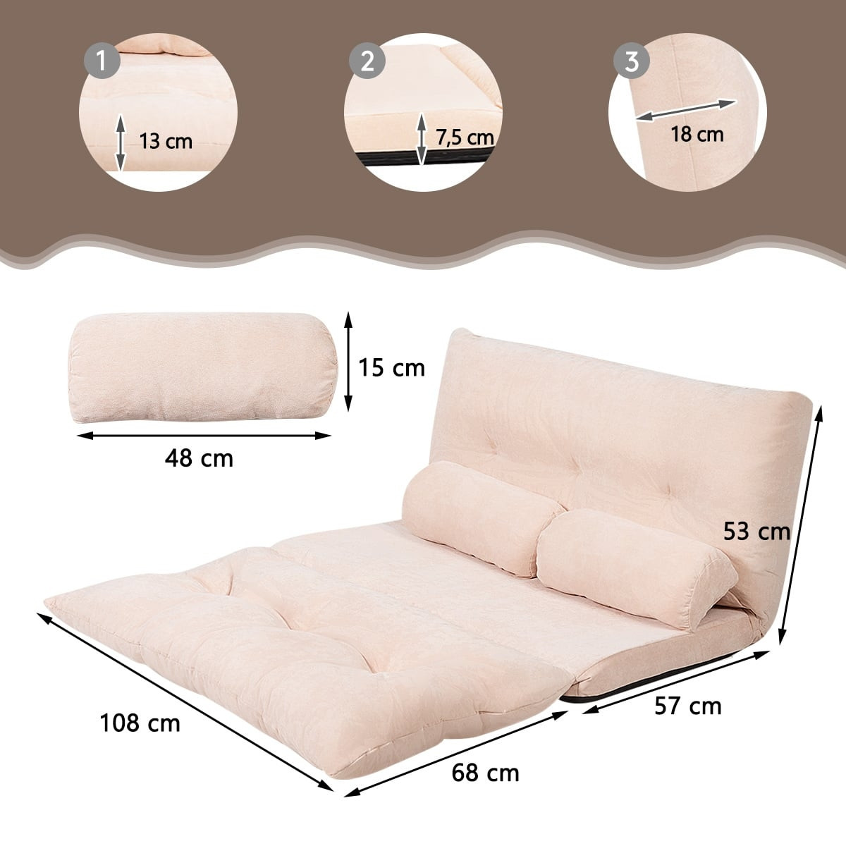 Sofá-cama de chão ajustável com 2 almofadas, bege