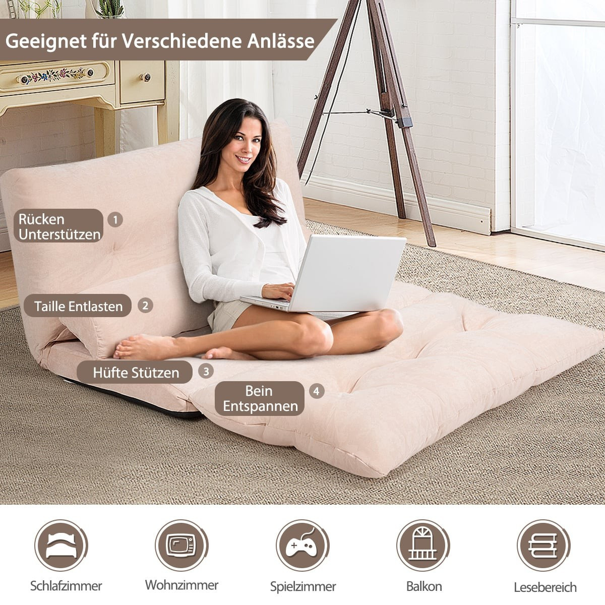 Sofá-cama de chão ajustável com 2 almofadas, bege