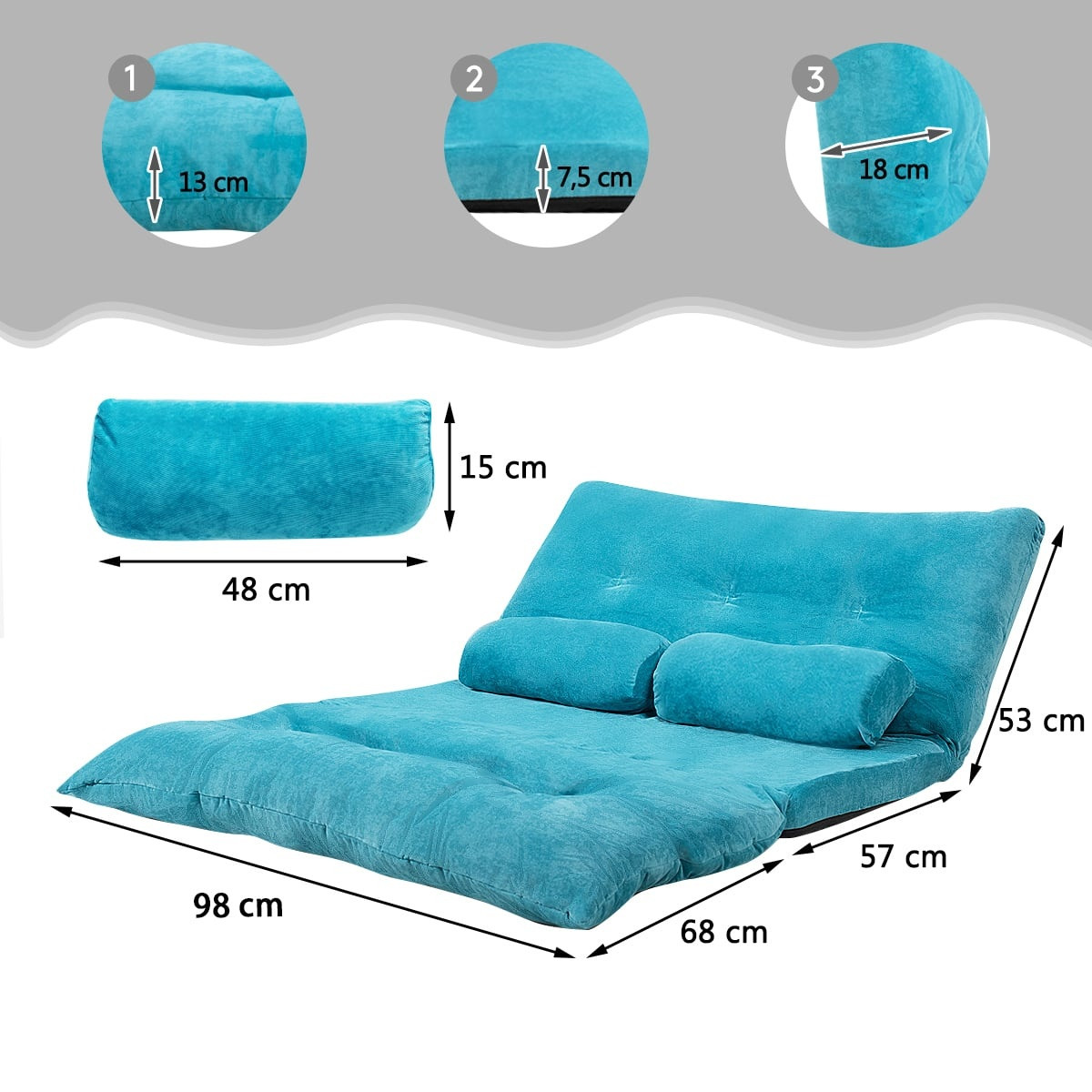 Sofá-cama de chão ajustável com 2 almofadas, azul